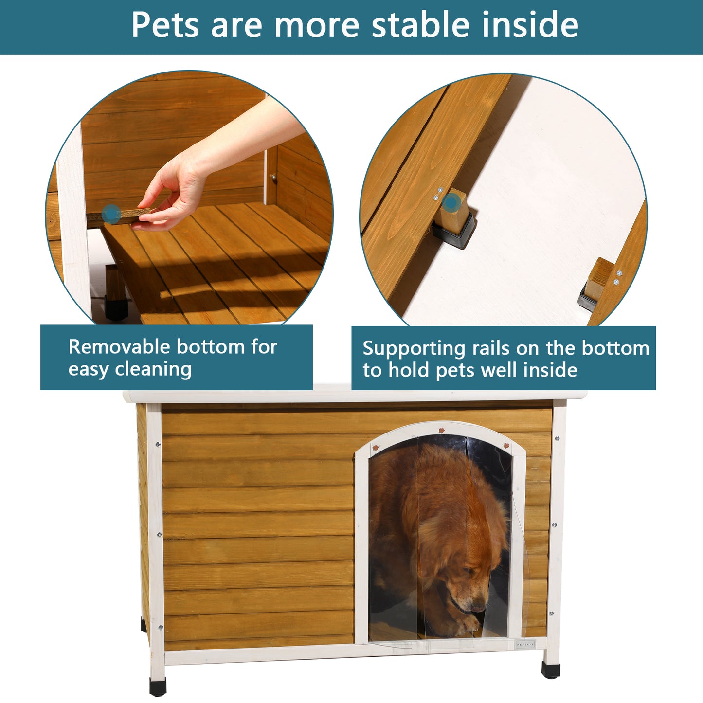 Large Wooden Outdoor Dog House, Waterproof Roof, Elevated Floor, Adjustable Plastic Feet, Yellow