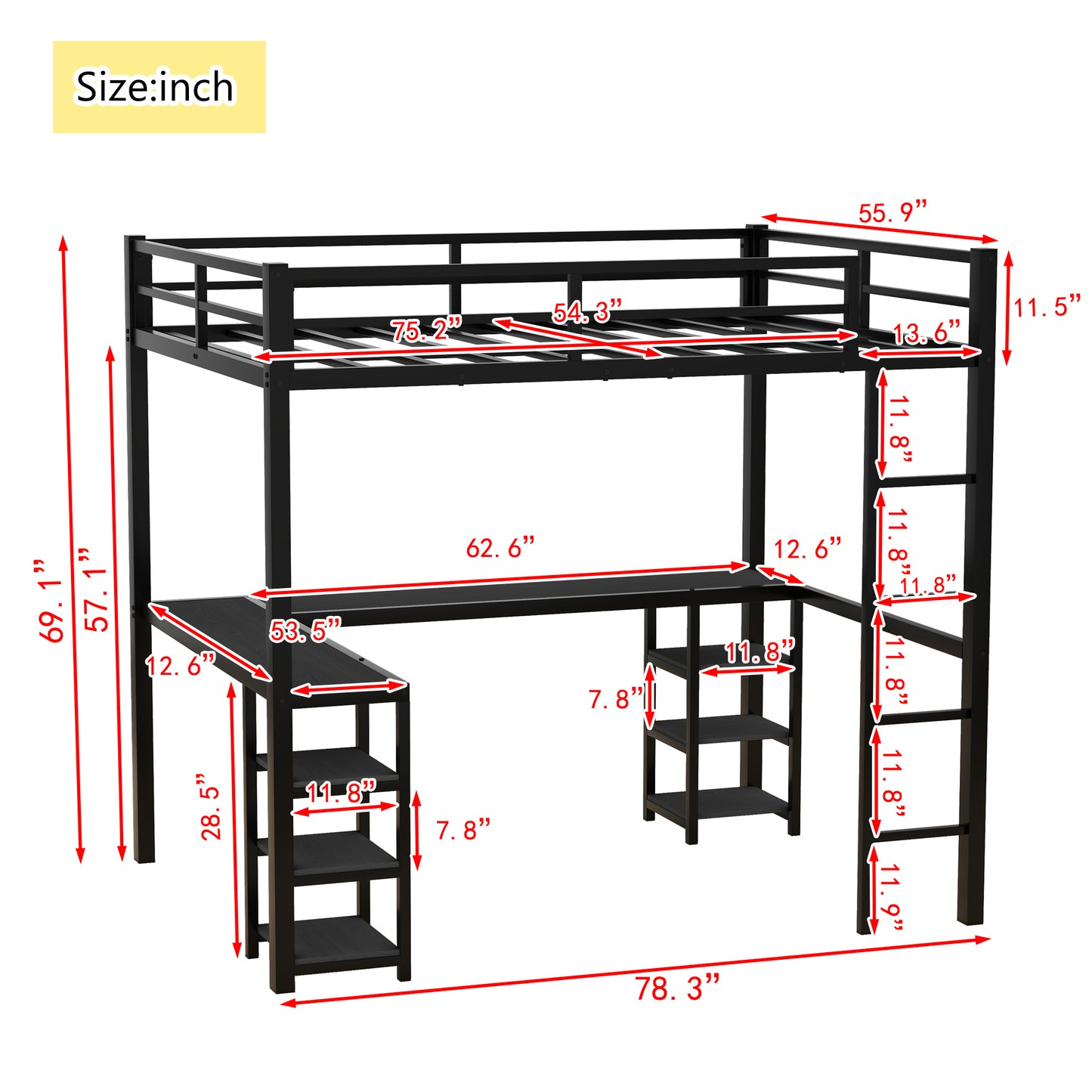 Full Metal Loft Bed with Desk and Shelves, Loft Bed with Ladder and Guardrails, Loft Bed Frame for Bedroom, Black with Black Desk