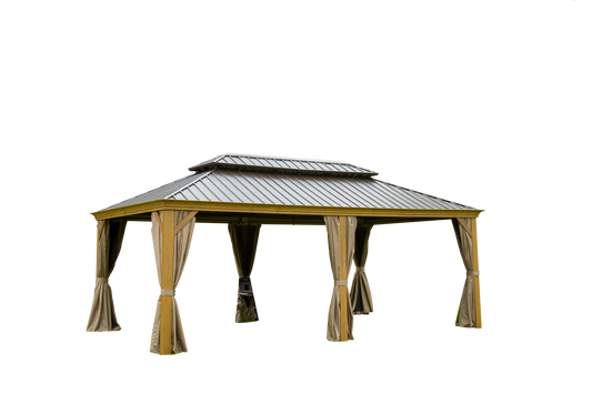 14x20FT Hardtop Gazebo, Permanent Metal Gazebo with Galvanized Steel Double Roof and Aluminum Frame, Curtain and Netting, Large Pavilion Gazebo, Wood Looking