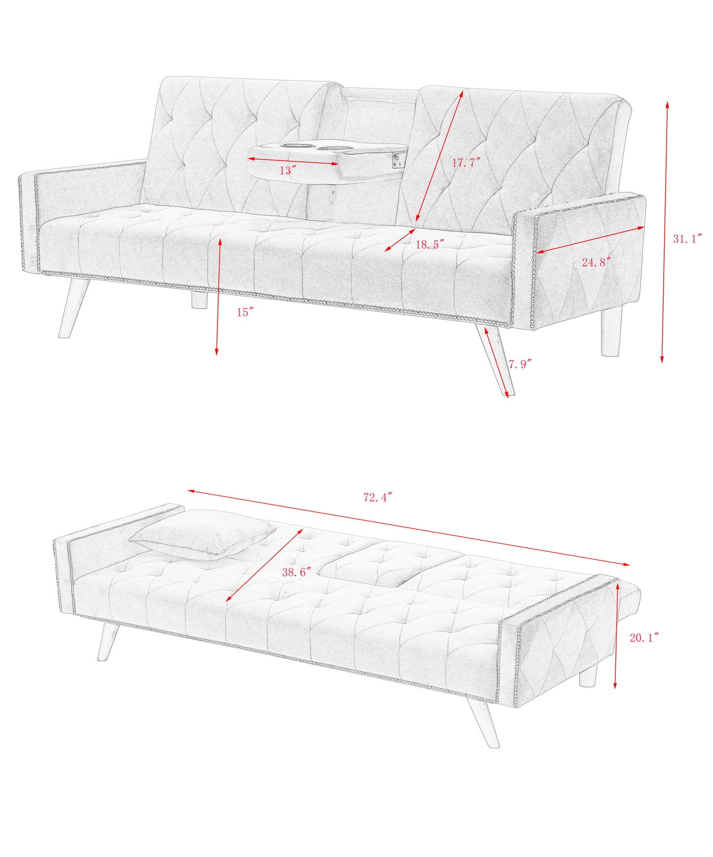 [SantaChoice] 1730 Sofa Bed Armrest with Nail Head Trim with Two Cup Holders 72" Pink Velvet Sofa for Small Spaces