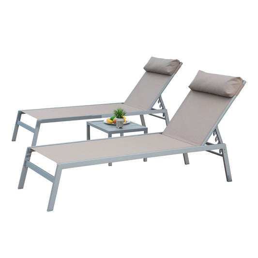 Patio Chaise Lounge Set of 3, Aluminum Lounge Chairs with 5 Adjustable Positions, Outdoor Chaise Lounge for Pool, Deck, Garden, Backyard, Sunbathing (Khaki,2 Lounge Chairs+1 Table)