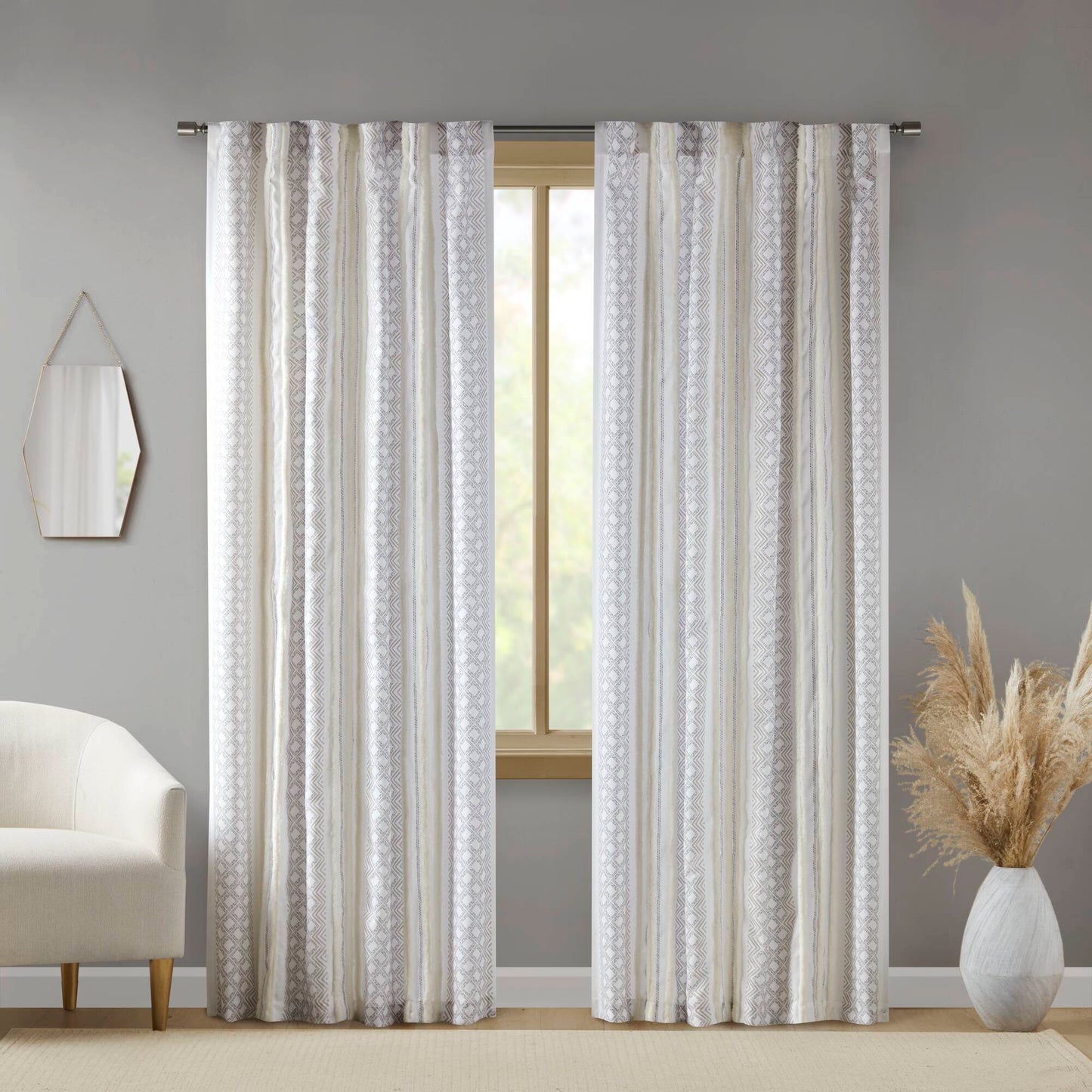 2pk Poly Printed Curtain Panel with Tufted Stripe White/Taupe 2-PK 50x84'