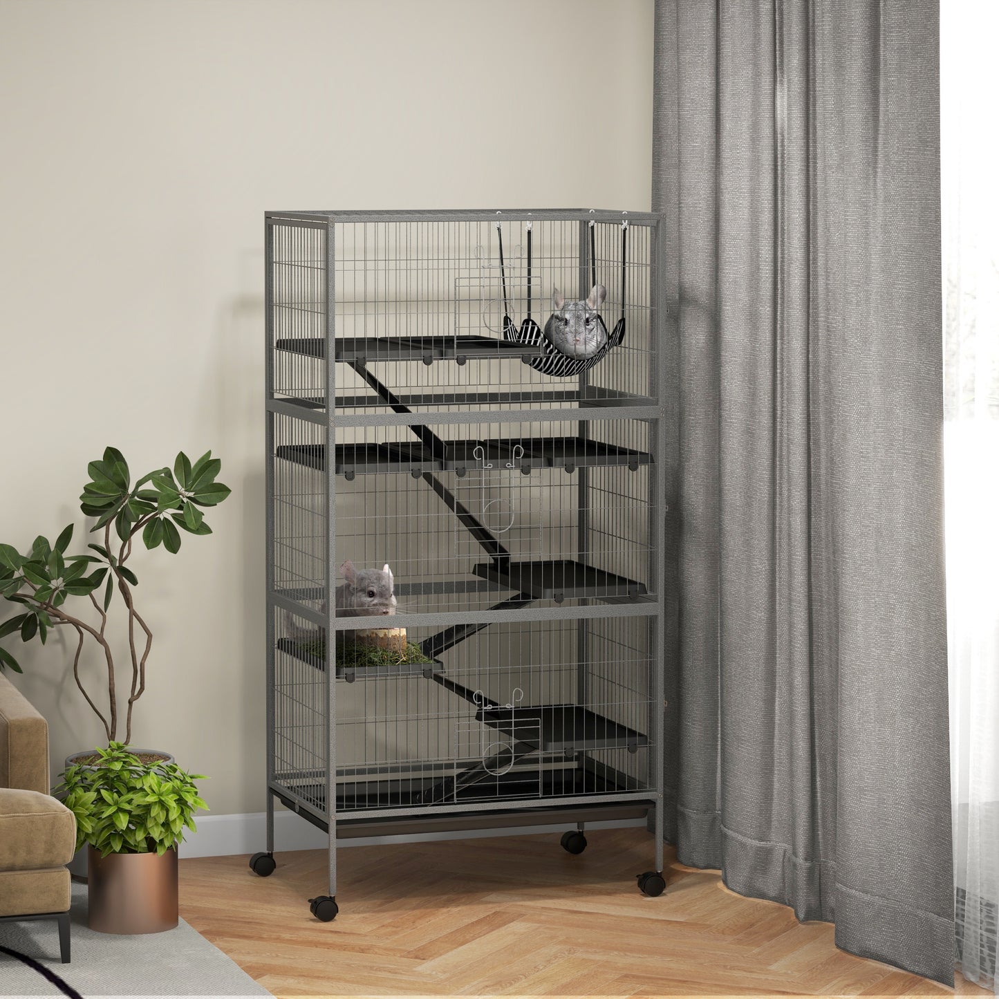 PawHut 63" 6-Tier Small Animal Cage, Ferret Cage, Large Chinchilla Cage with Hammock Accessory & Heavy-Duty Steel Wire, Small Animal Habitat with 6 Doors, Removable Tray, Gray