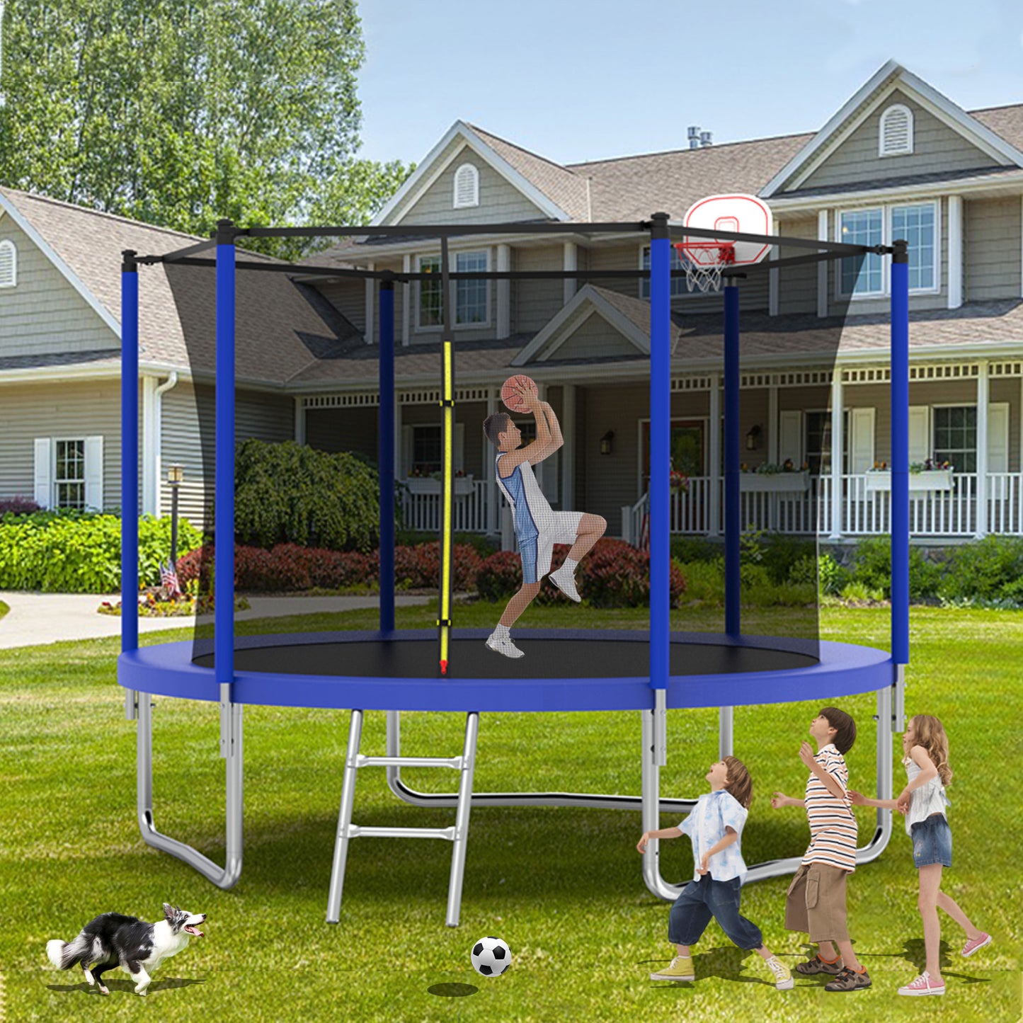 10FT Trampoline for Kids,  Basketball Hoop and Ladder, Outdoor Kids Trampoline with Safety Enclosure,Fast Assembly for Backyard Fun,ASTM Approved