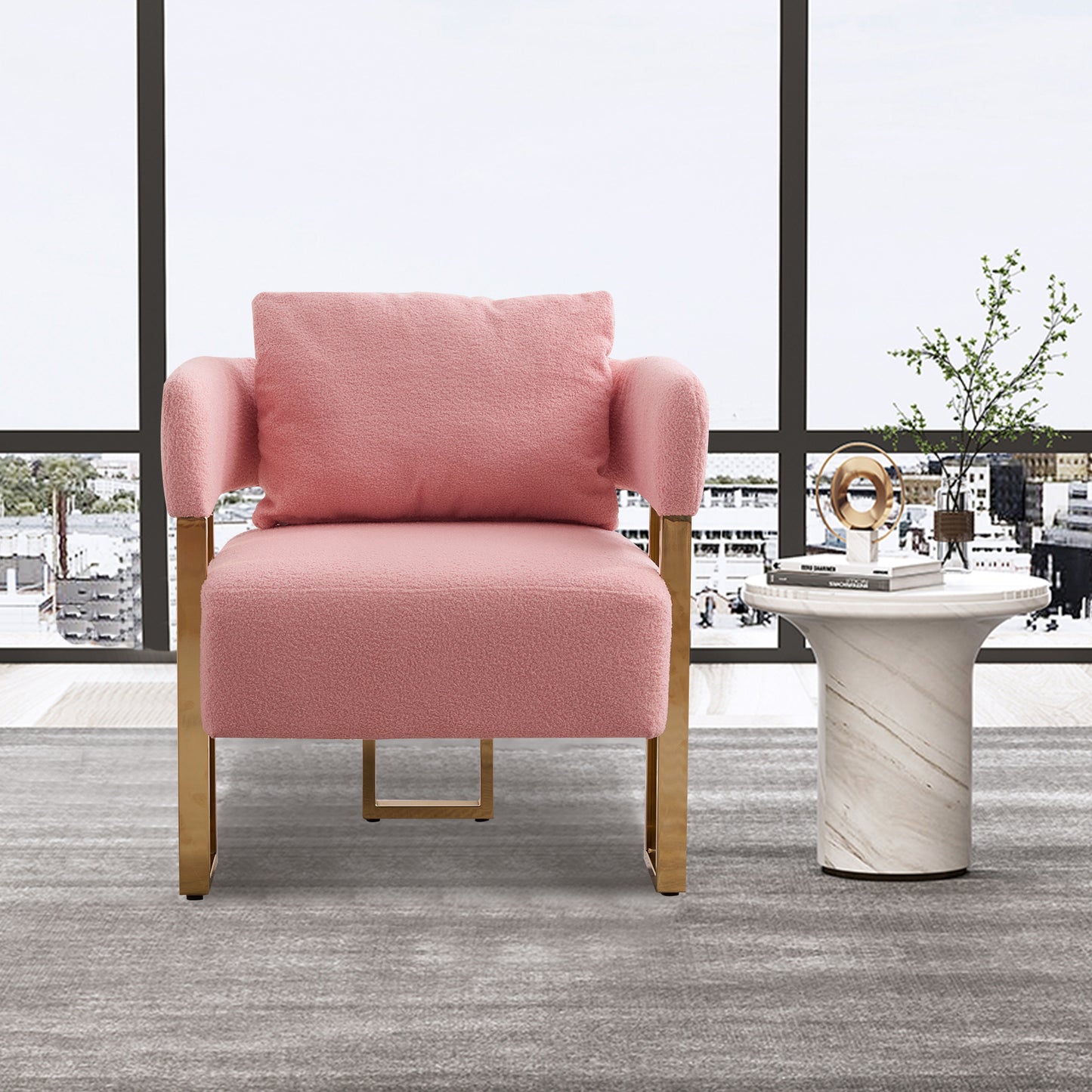 TS Modern decorative chair, living room side chair with gold metal legs, no wheels, suitable for dressing area, reception room, office,Teddy fleece upholstered metal foot sofa 1PC Pink