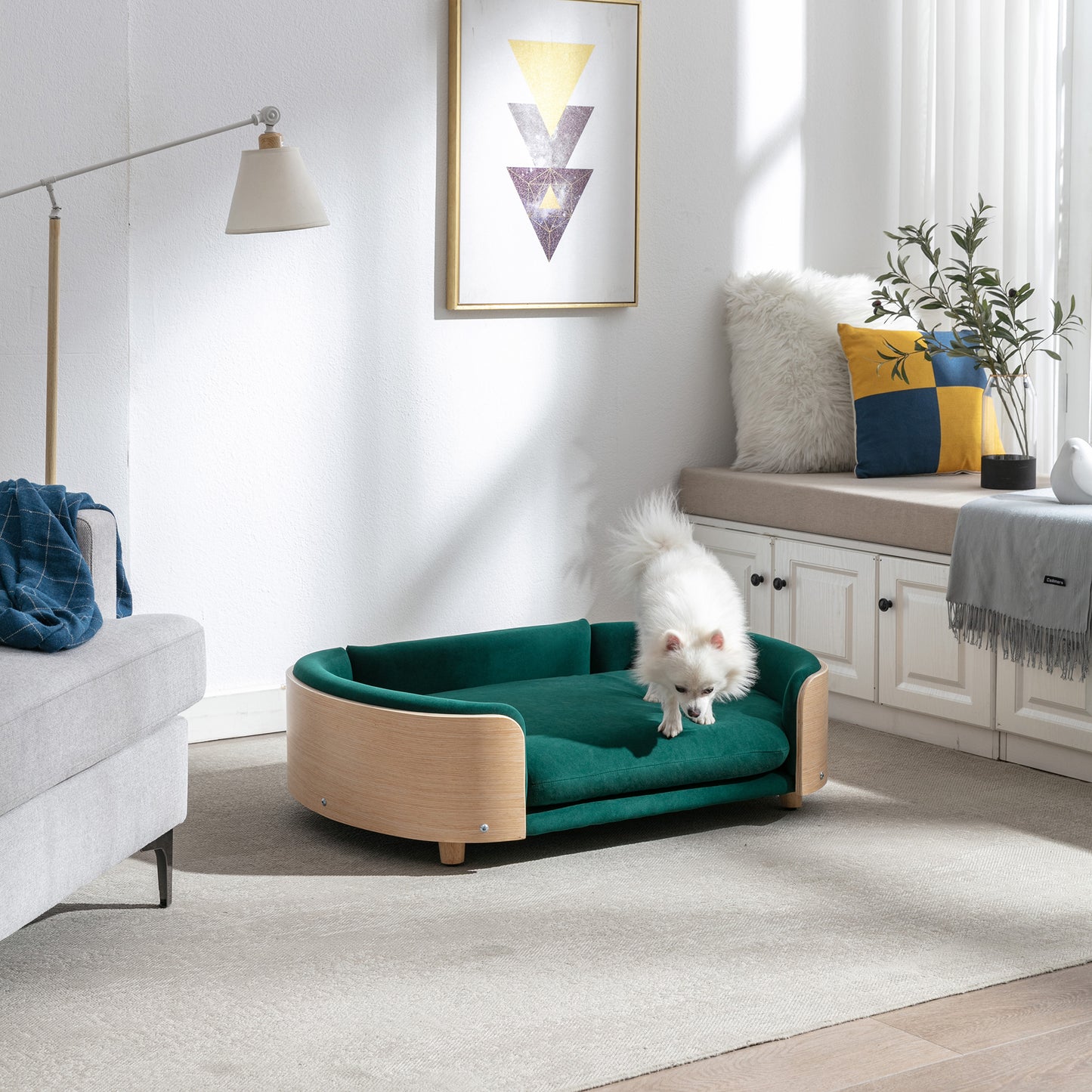 Scandinavian style Elevated Dog Bed Pet Sofa With Solid Wood legs and Bent Wood Back, Velvet Cushion,Large Size