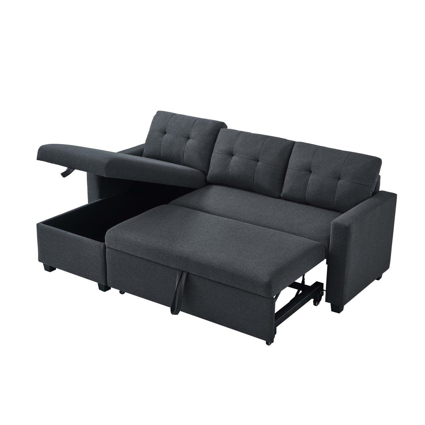 [SantaChoice] Upholstered Pull Out Sectional Sofa with Storage Chaise, Convertible Corner Couch, Dark Grey