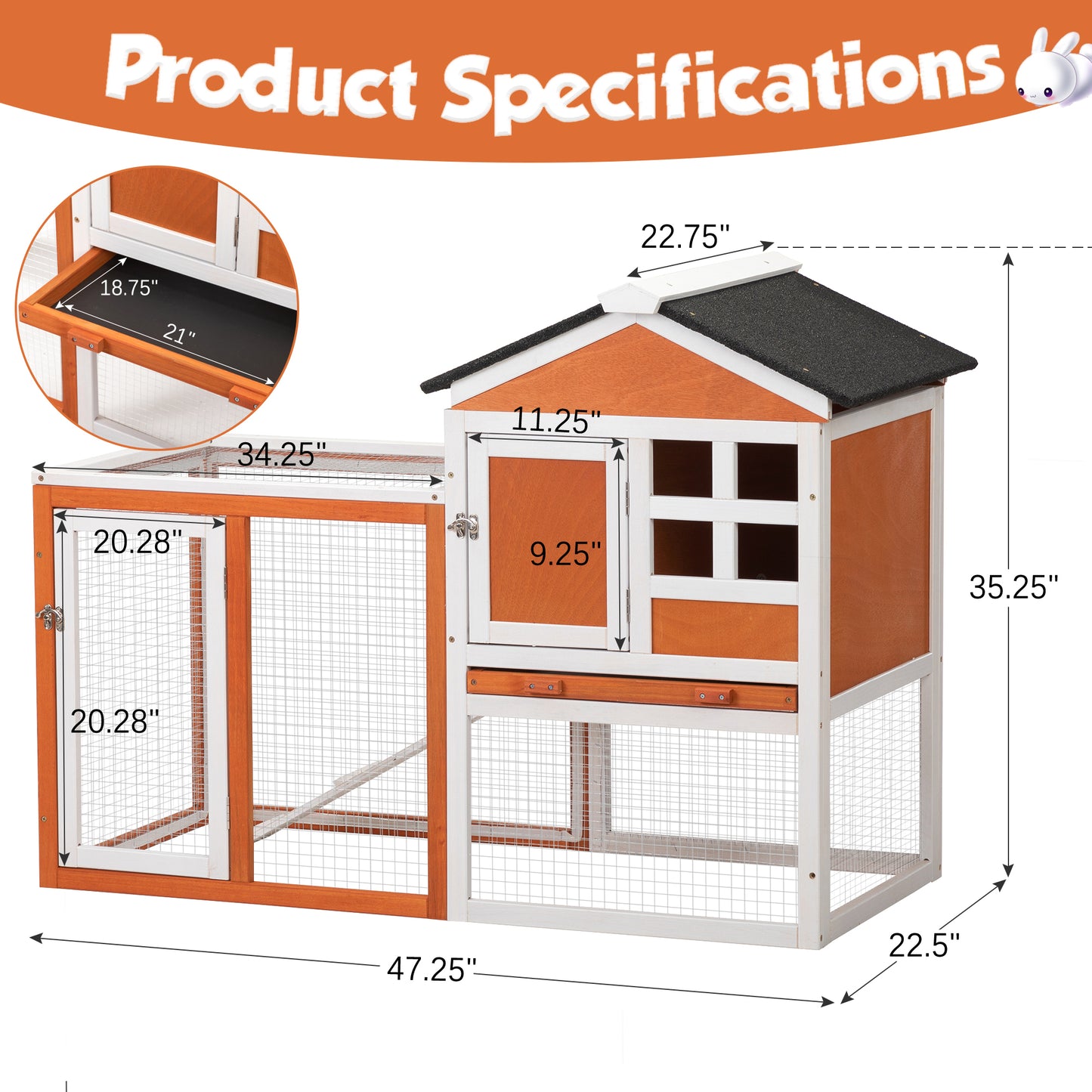 2-Story Wooden Rabbit Hutch Bunny Cage, Chicken Coop, Pet House for Small Animals, Orange + White