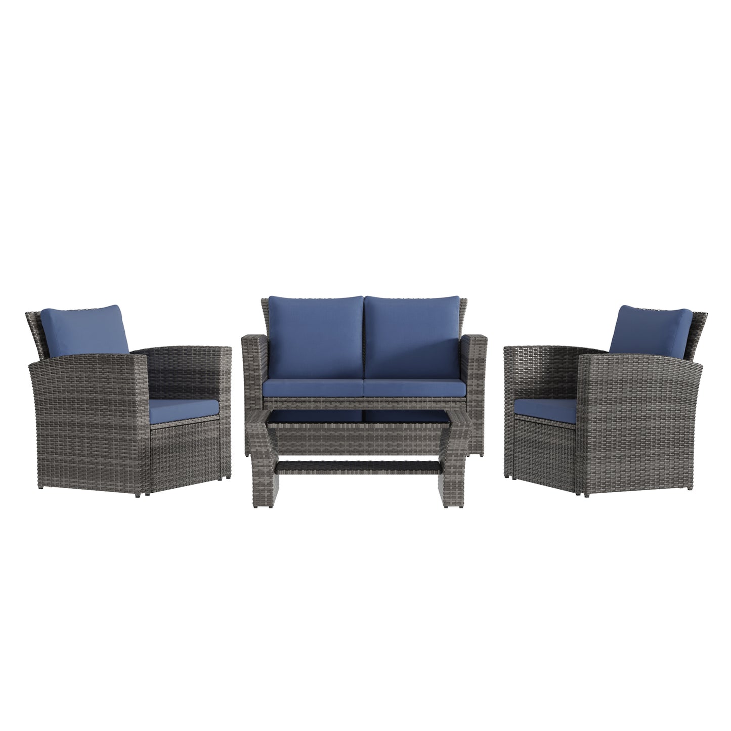 4 Piece Outdoor Patio Furniture Set, Outdoor Sectional Sofa with Tempered Glass Coffee Table and Cushions, Wicker Rattan Patio Set