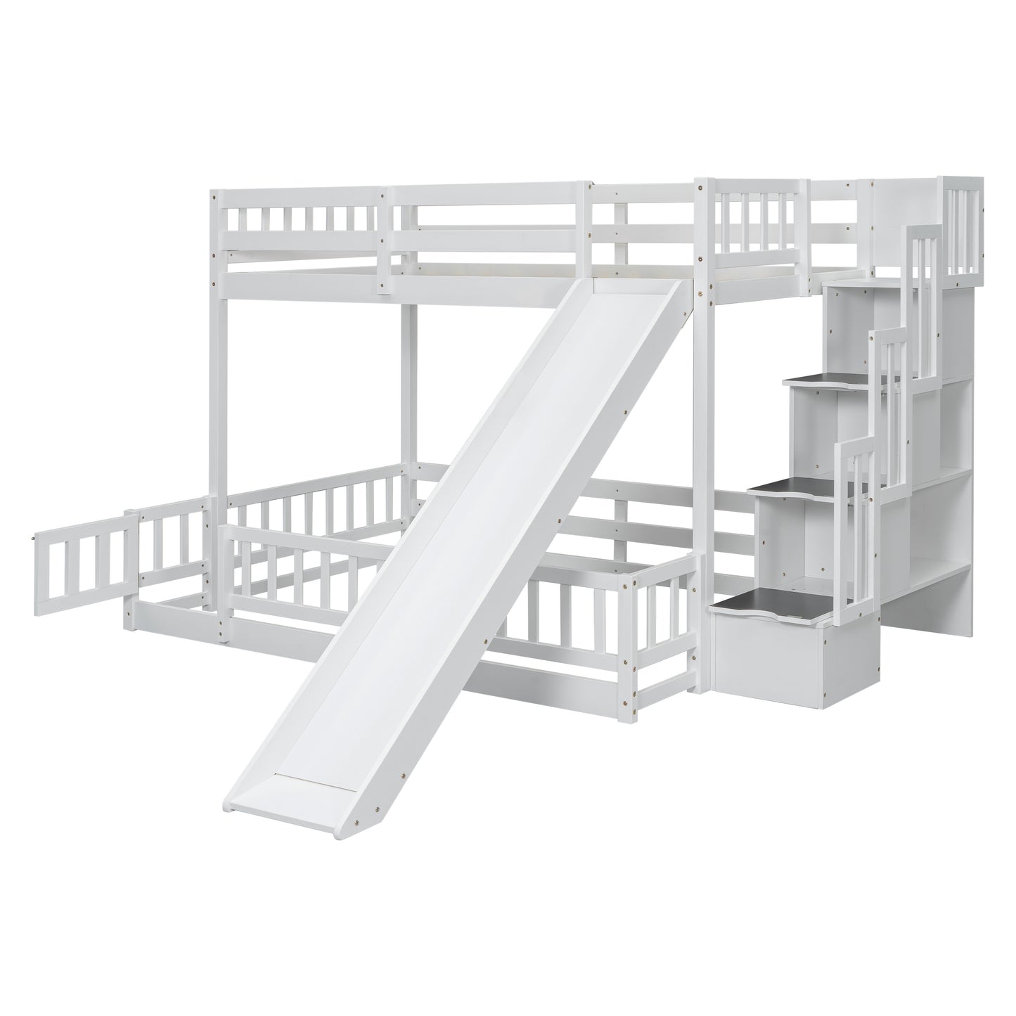 Twin Over Full Bunk Bed with Slide, Storage Staircase, Pine Solid Wooden Bunk Bed with Safety Guardrails,White