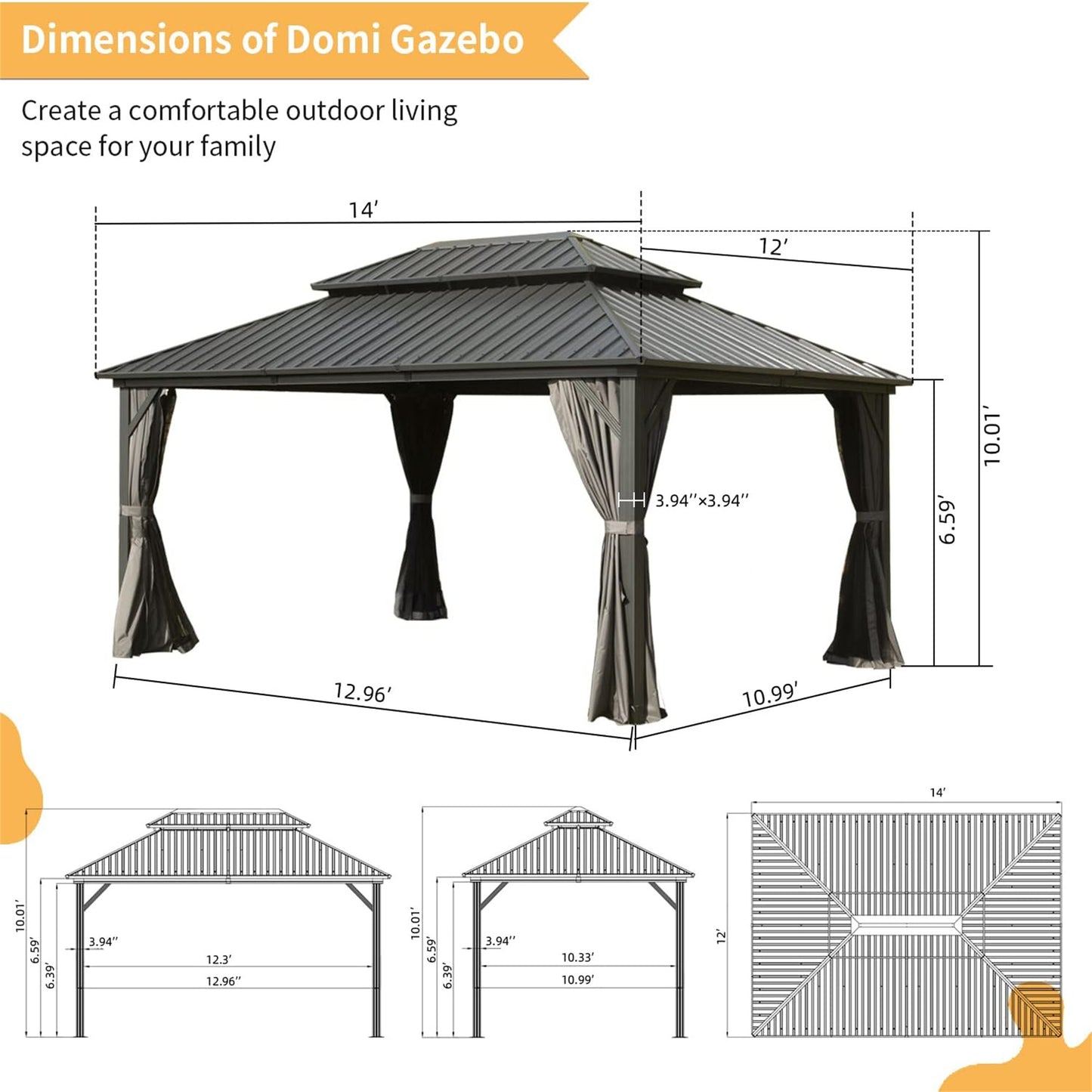 [SantaChoice] 12' X 14' Hardtop Gazebo, Aluminum Metal Gazebo with Galvanized Steel Double Roof Canopy, Curtain and Netting, Permanent Gazebo Pavilion for Patio, Backyard, Deck, Lawn