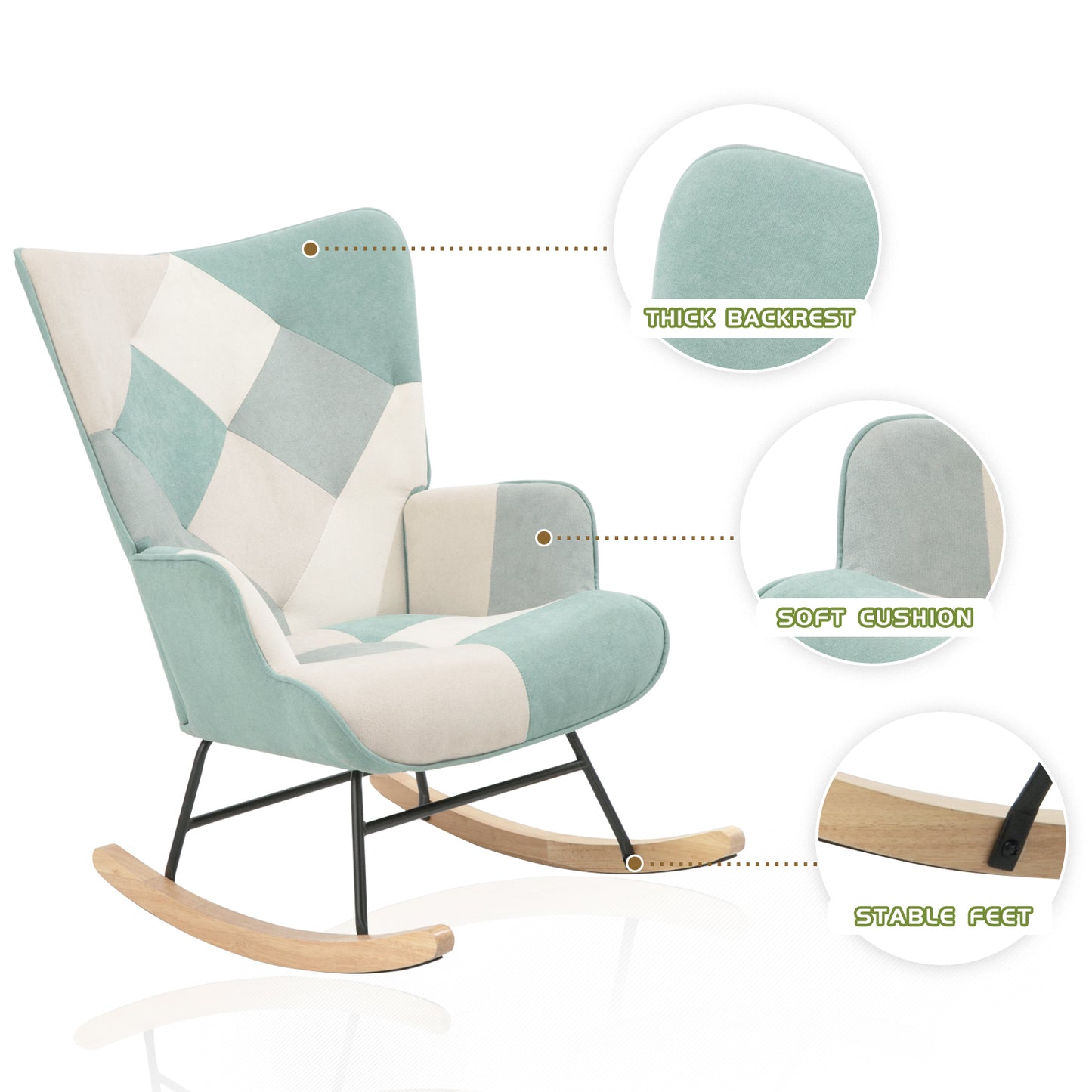 Accent Rocking Chair, Mid Century Fabric Rocker Chair with Wood Legs and Patchwork Linen for Livingroom Bedroom