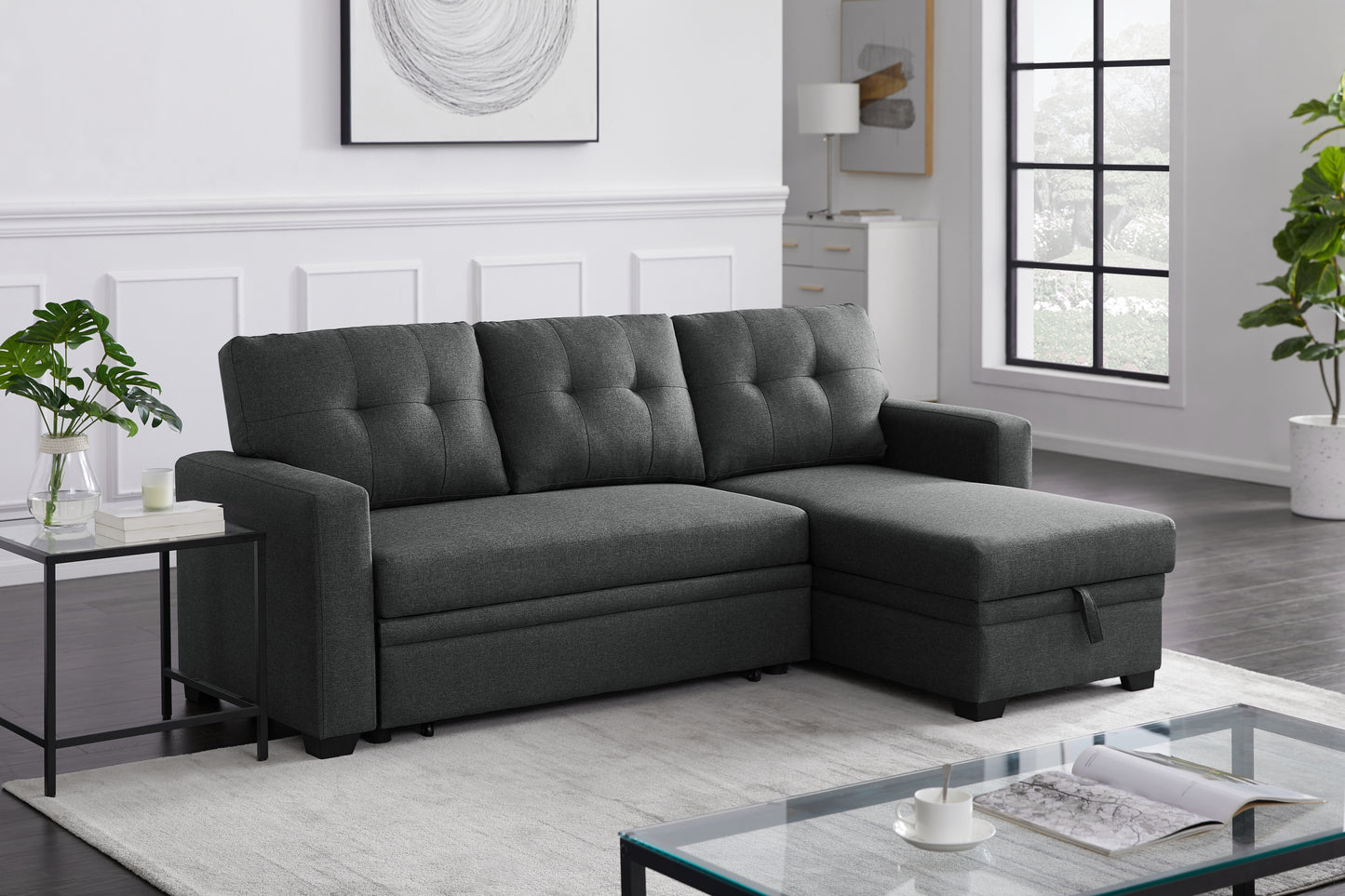 [SantaChoice] Upholstered Pull out Sectional Sofa with Chaise