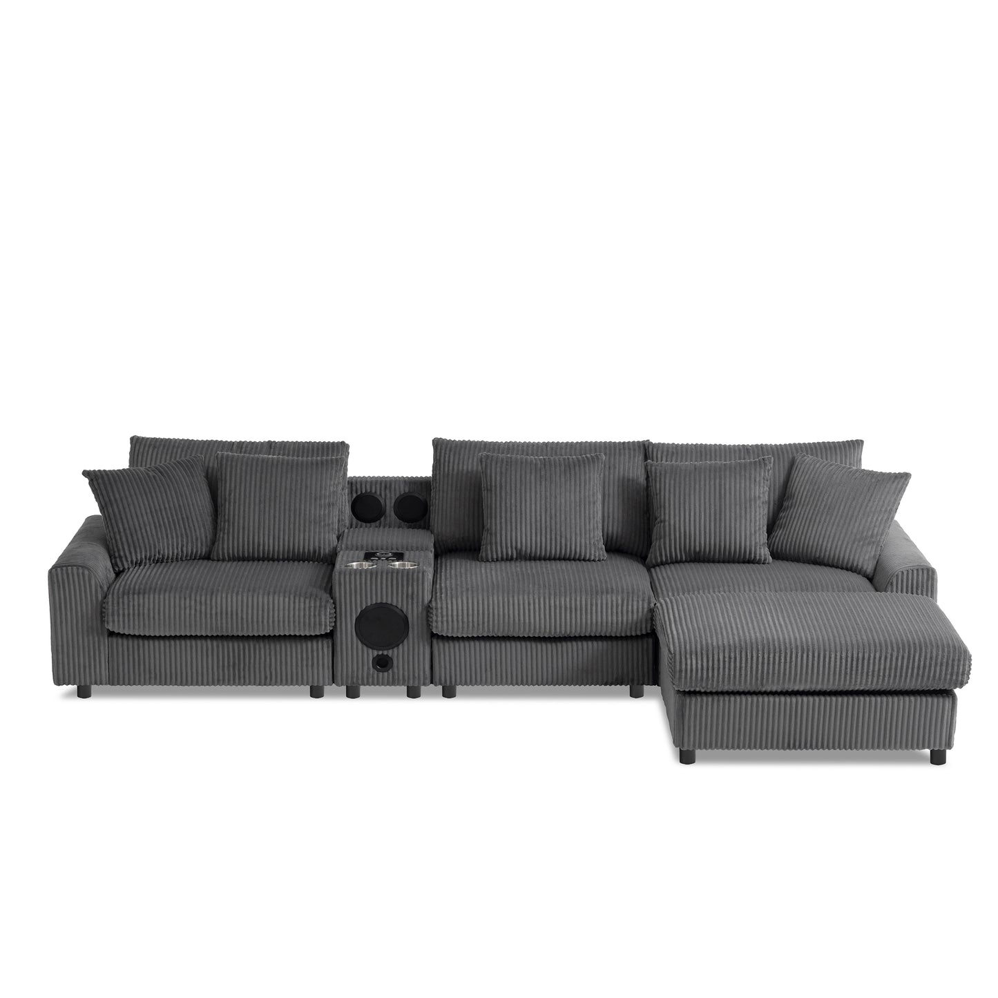 [SantaChoice] 114*64'' Corduroy Sectional Sofa with Bluetooth Speakers,L Shaped Couch with Console,USB Charger,Cup Holders,Storage,Ottoman,Deep and Wide Seat Cloud Sofa for Living Room,Apartment,2 Colors