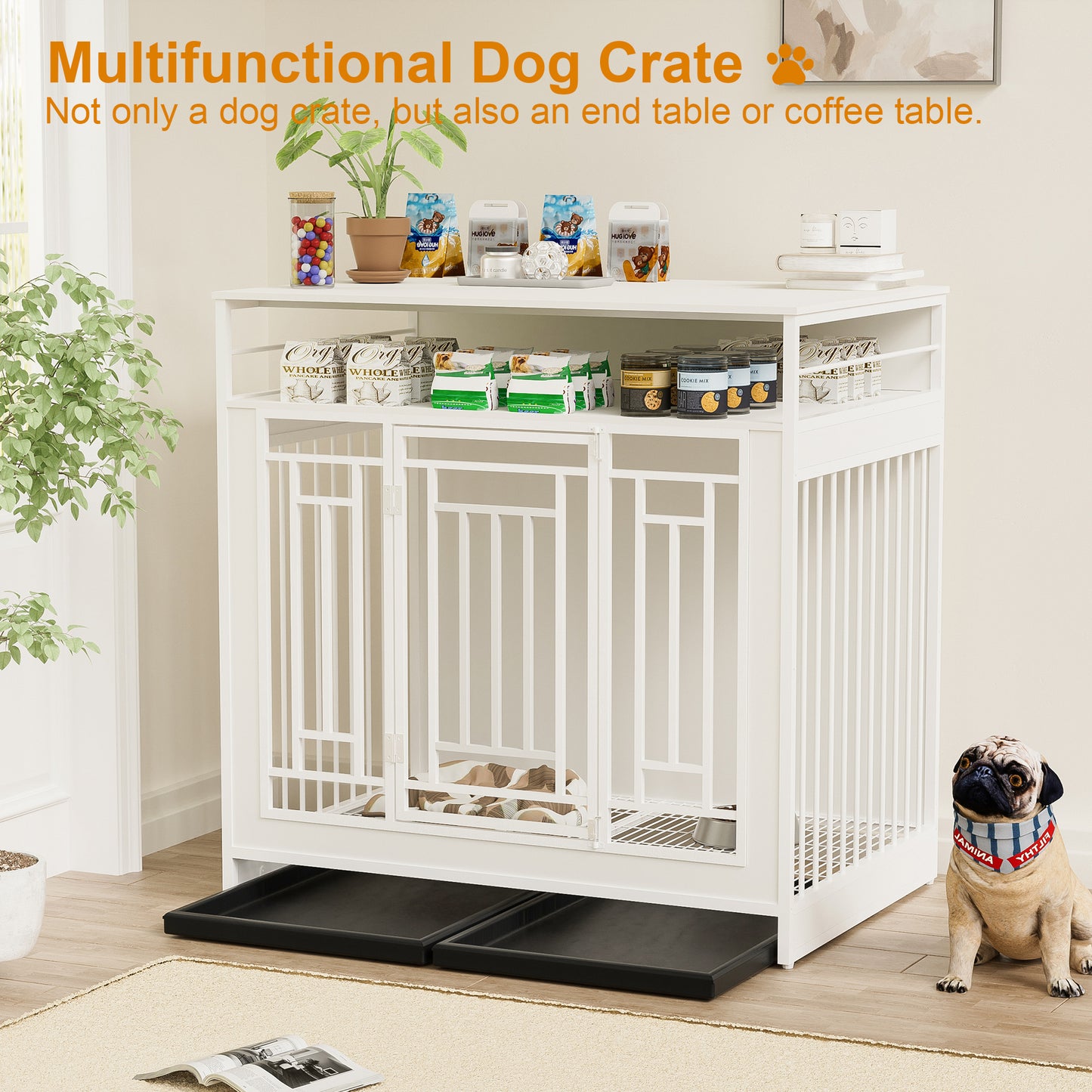 43.3 inch Dog Crate Furniture for Large Dogs,Wooden Dog Crate with Divider,Double Door Dog Kennel with Three Drawers Storages,Heavy Duty Dogs Decorative Pet House for Large Medium Dogs ,White