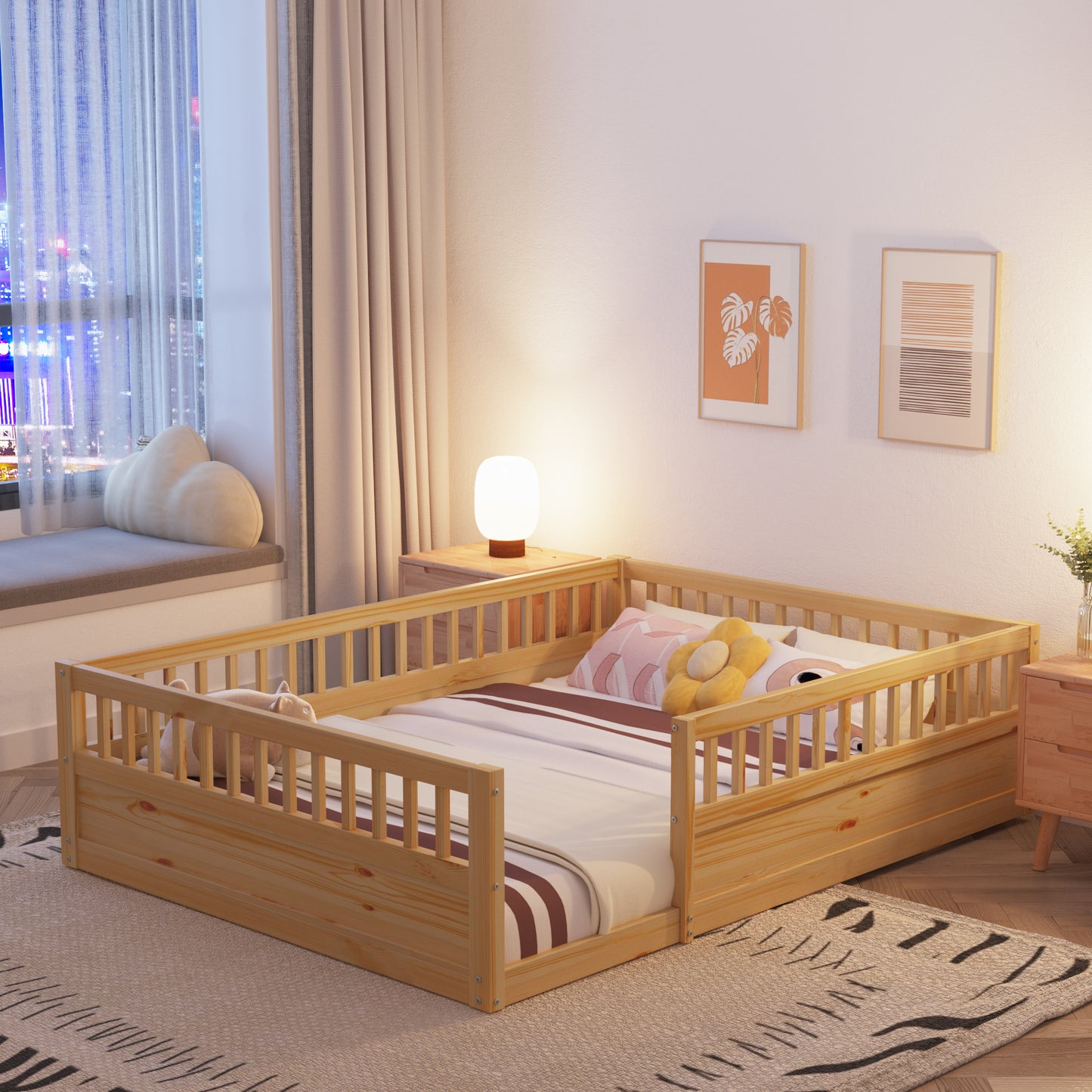 Full Floor Bed Frame with Fence, Wood Kids Floor Beds Frame for Bedroom Playroom,Natural(Expect arrive date Jul. 10th)