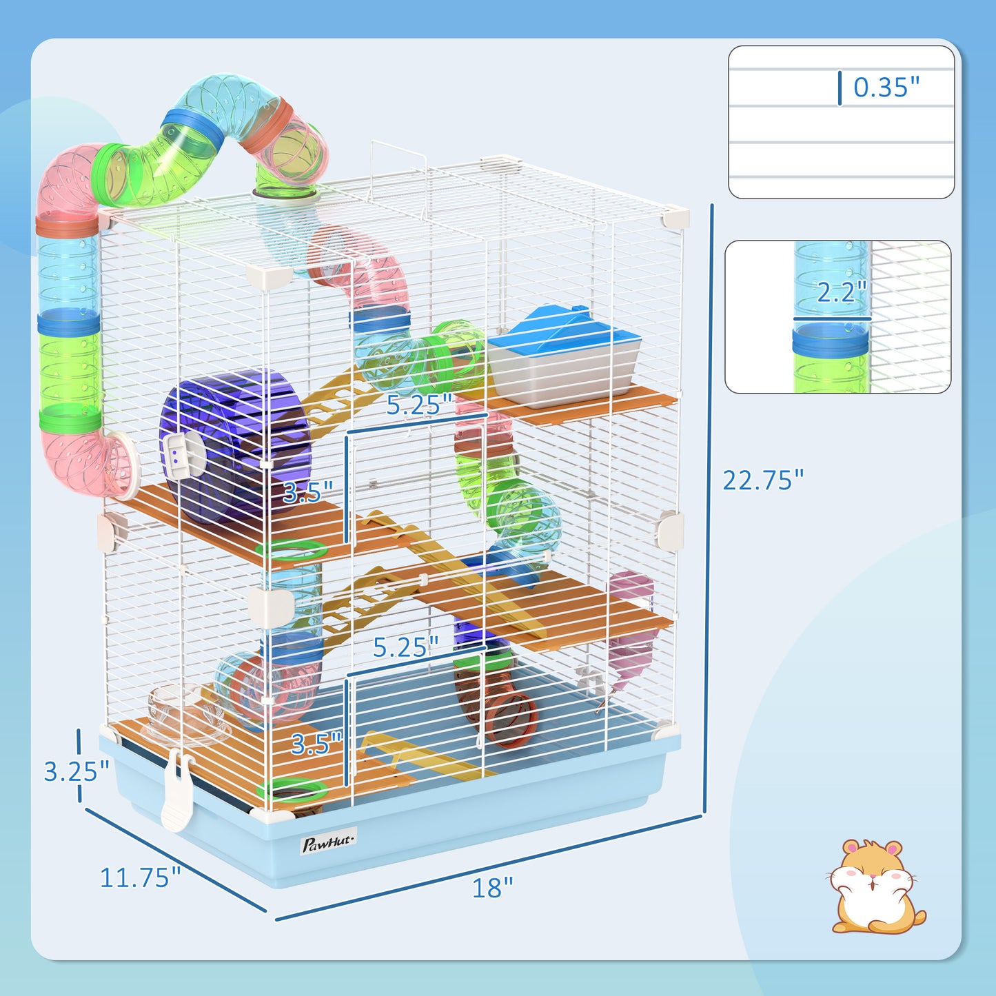 PawHut 18" 5 Tier Hamster Cage with Tubes and Tunnels, Small Animal Cage with Portable Carry Handle, Gerbil Cage with Water Bottle, Food Dish, Exercise Wheel, Light Blue