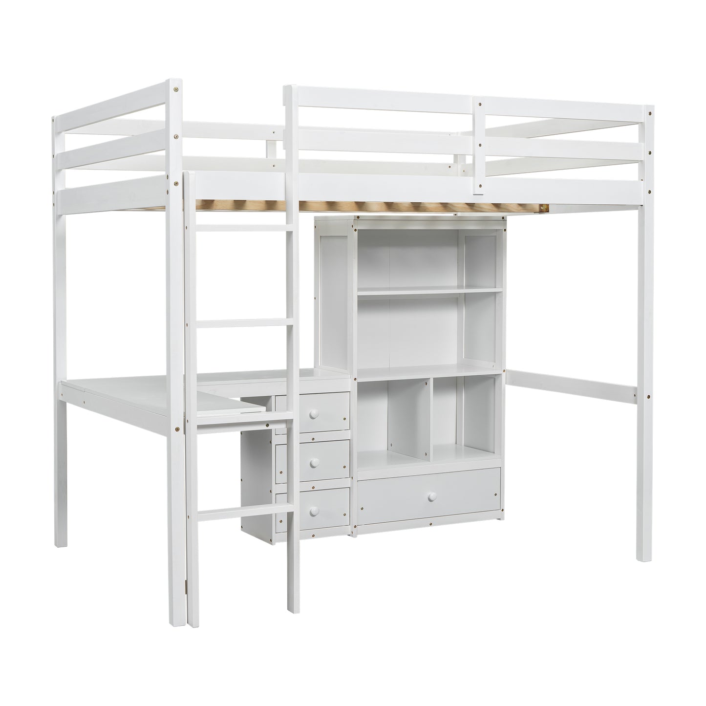 Full Size Loft Wood Bed with Desk, Storage shelves and Drawers, Built-in Ladder, High Loft Bed with Desk, Storage Shelves and Drawers,Guardrails,White