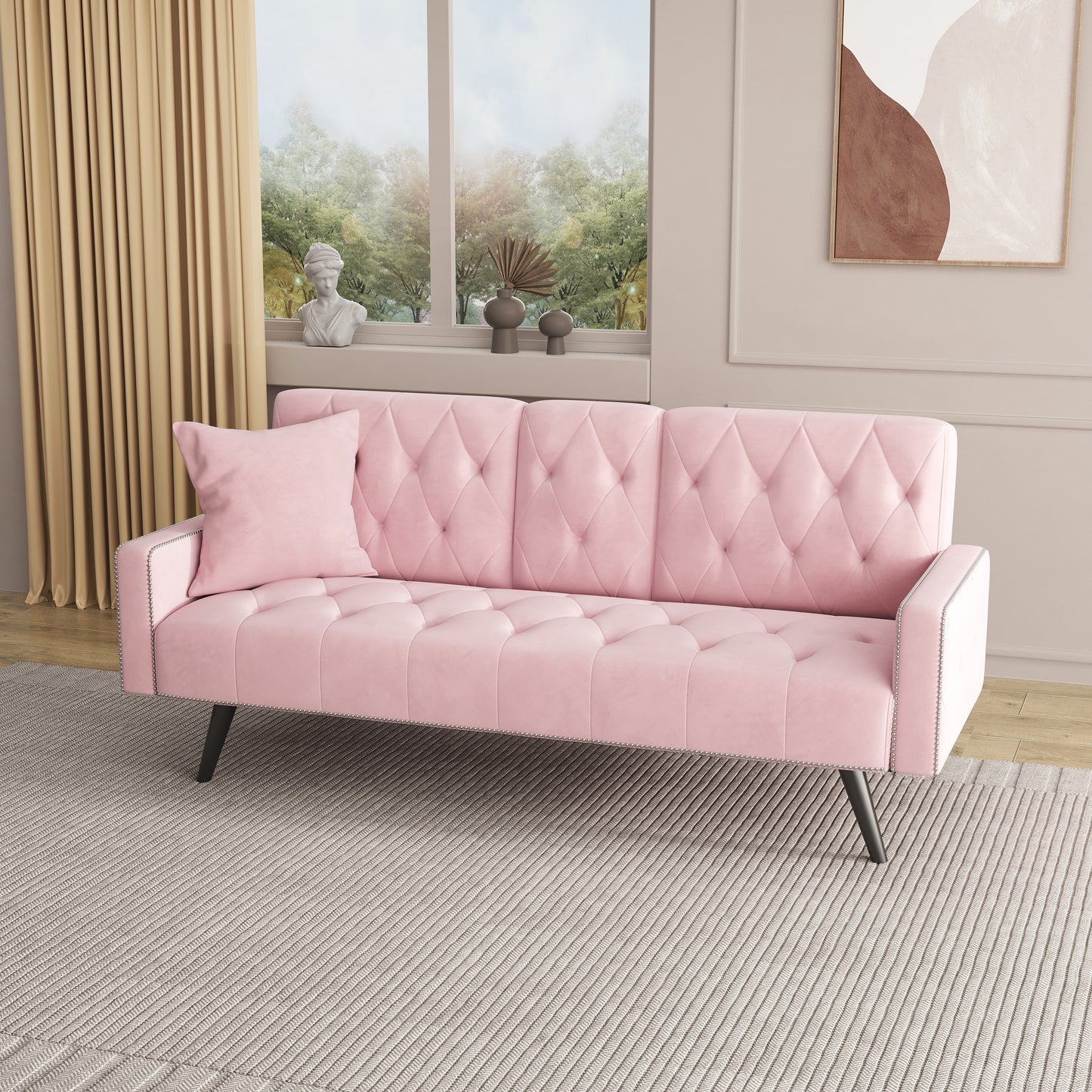 [SantaChoice] 1730 Sofa Bed Armrest with Nail Head Trim with Two Cup Holders 72" Pink Velvet Sofa for Small Spaces