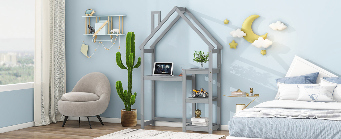 House-shaped Wooden writing Desk,Kids study Table,Bookshelf & Toy Storage,Grey