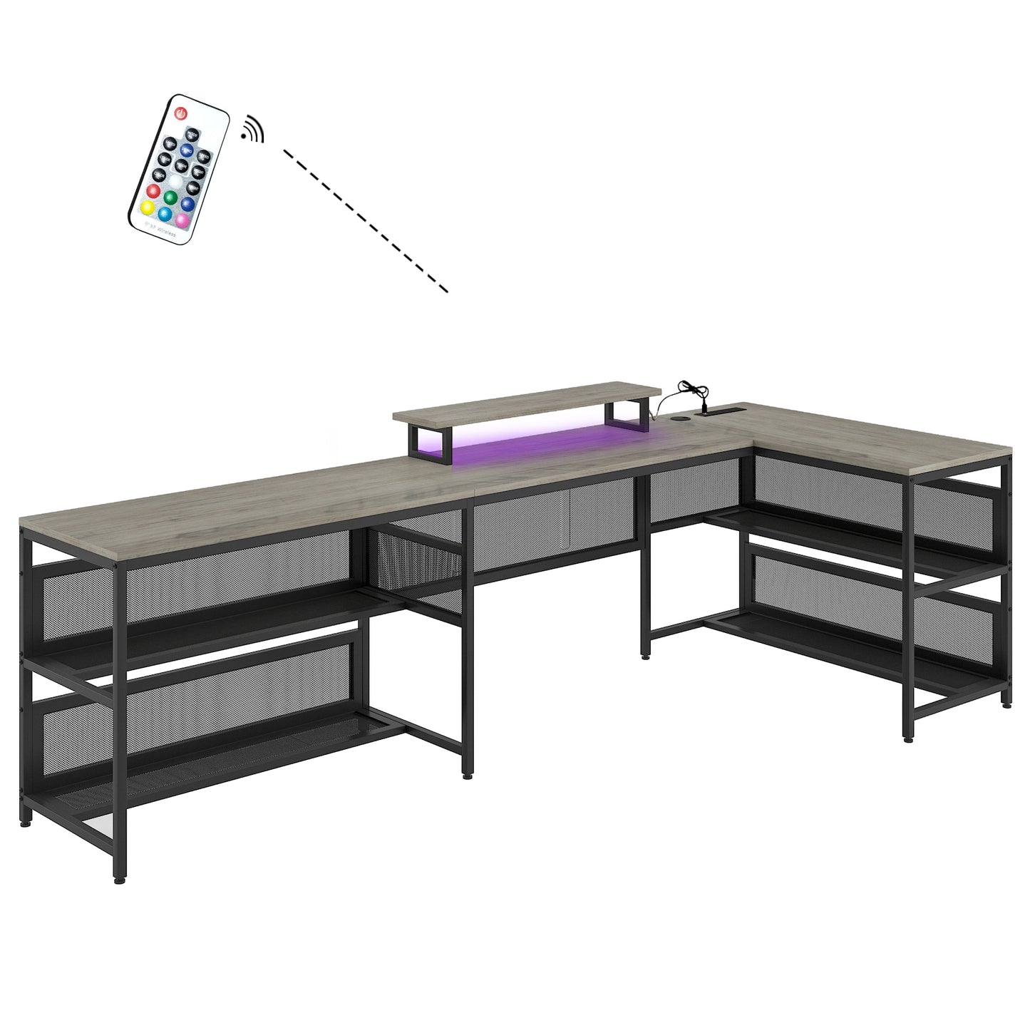 U Shaped Desk with Power Outlets & LED Strip & Monitor Stand, L Shaped Desk with Storage Shelf, Home Office Gaming Desk, Vintage