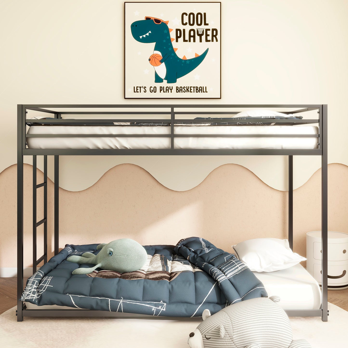 Adam Sturdy Twin over Twin Bunk Bed Metal Black for Kids and Adult, Low Profile Twin over twin bunk bed with Ladder and Guardrails, Easy Climbing, Beds for Bedroom