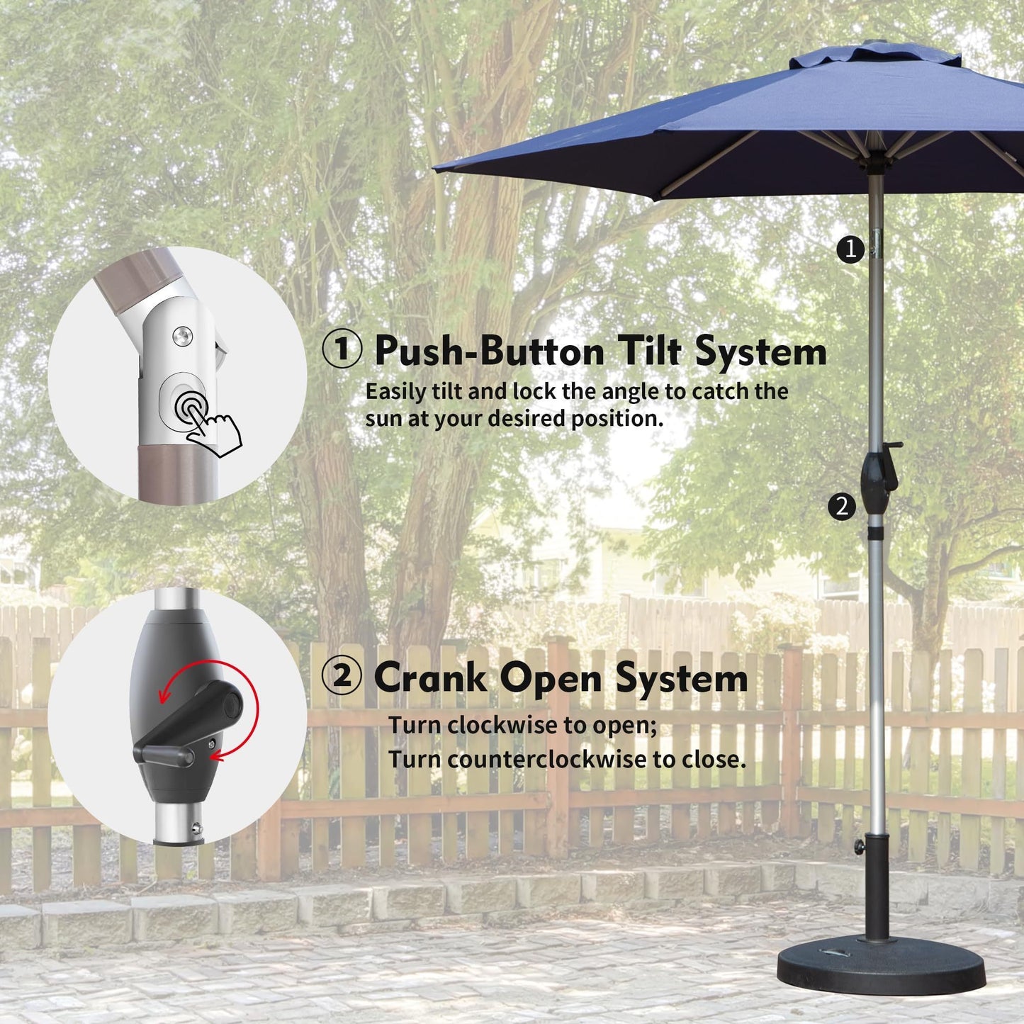 7.5FT Patio Umbrella, Outdoor Table Umbrella with Push Button Tilt and Crank, UV Protection Waterproof Market Sun Umbrella with 6 Sturdy Ribs for Garden, Deck, Backyard, Pool (Navy Blue)