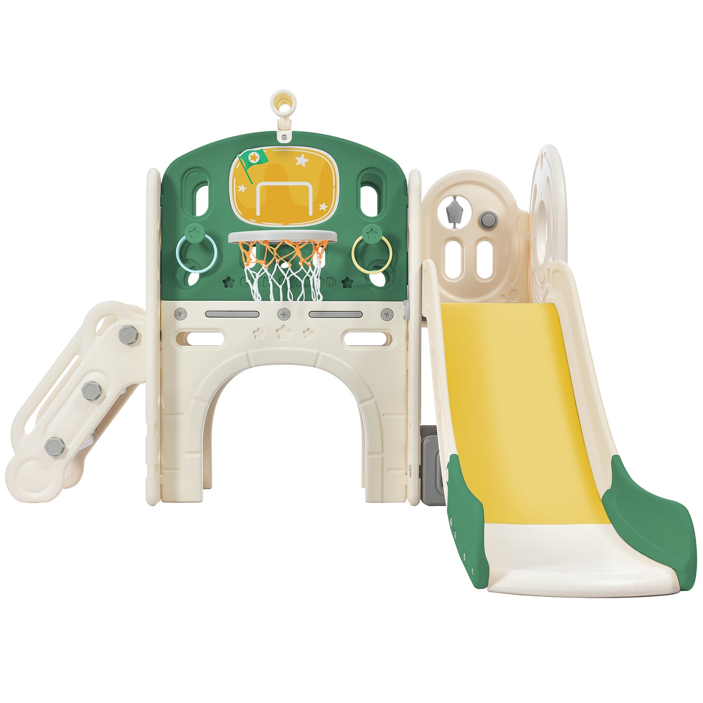 Kids Slide Playset Structure, Freestanding Castle Climbing Crawling Playhouse with Slide, Arch Tunnel, Ring Toss, and Basketball Hoop, Toy Storage Organizer for Toddlers, Kids Climbers Playground