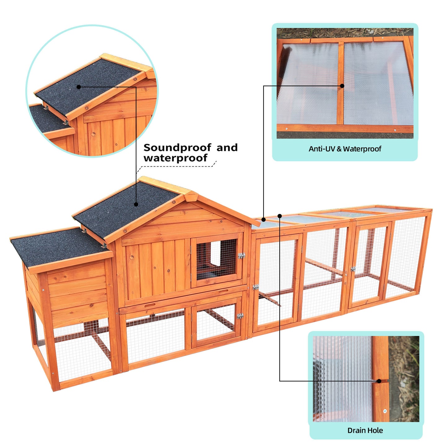 111.5" Wooden Chicken Coop, Large Outdoor Hen House with Nesting Box Poultry Cage, Rabbit Hutch Bunny Cage , Waterproof UV Panel for Outdoor Backyard