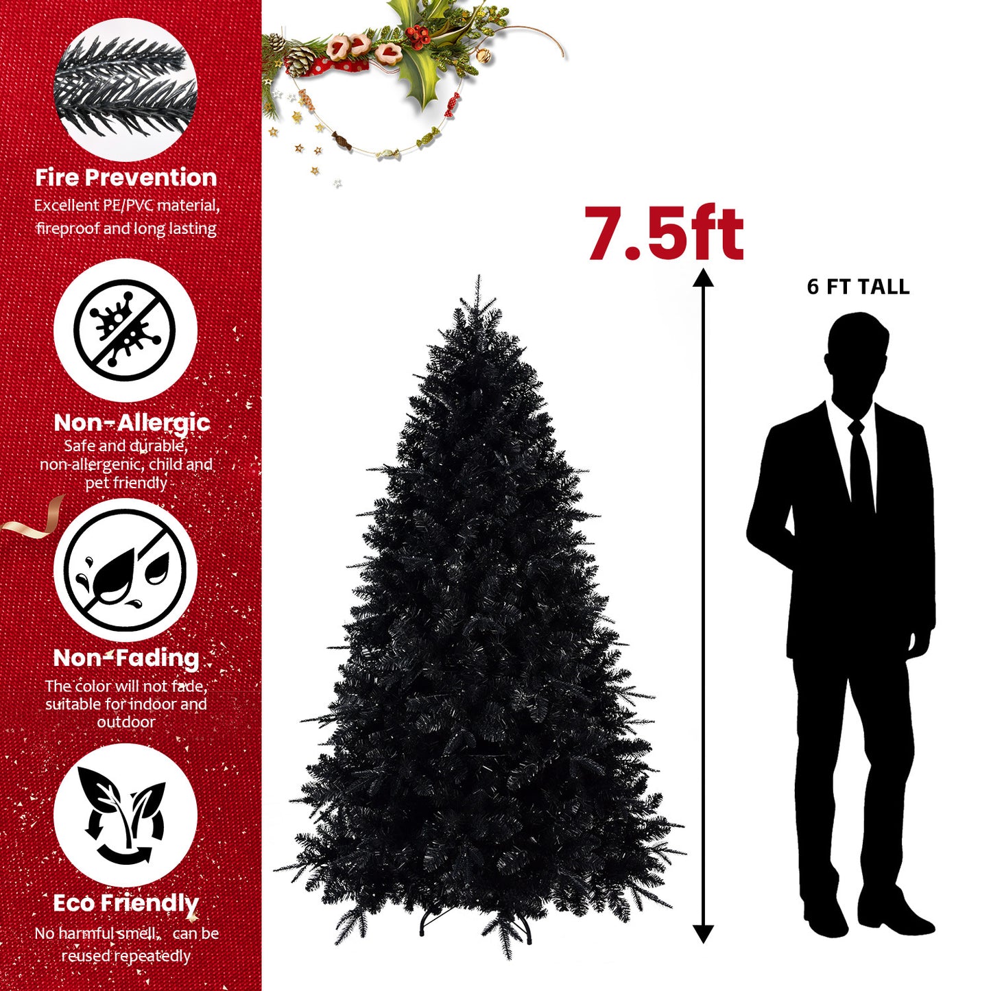 7.5ft Pre-Lit Black Christmas Tree, Full Halloween Xmas Artificial Tree 2156 Branch Tips, 500 Lights, Metal Hinges, Foldable Base, Holiday Decoration - Black