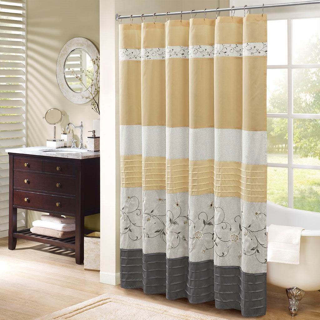 Faux Silk Embroidered Floral Shower Curtain