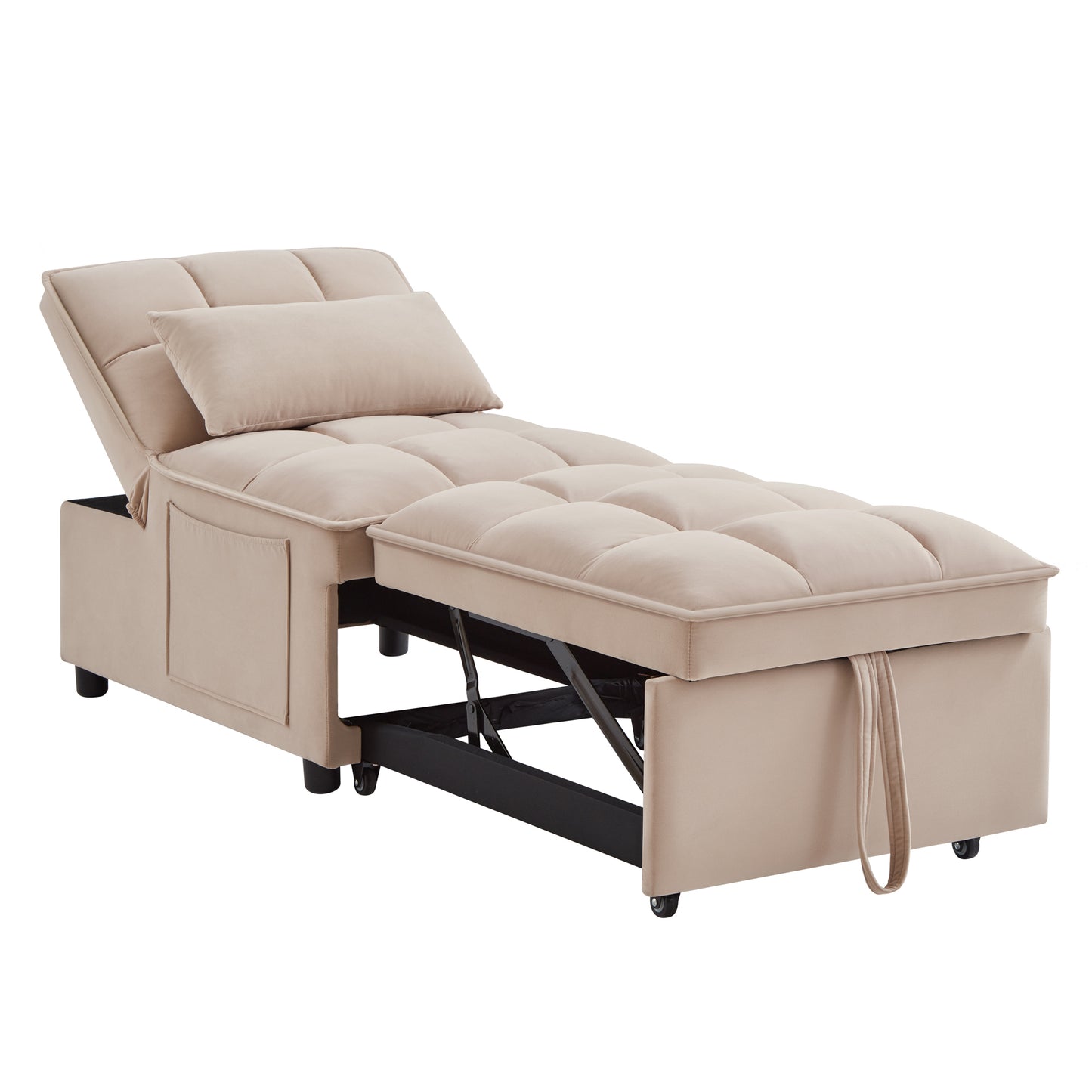 4 in1 Multi-Function Single Sofa Bed with Storage Pockets,Tufted Single Pull-out Sofa Bed with Adjustable Backrest and Pillows ,Convertible  Chaise Lounge,Taupe