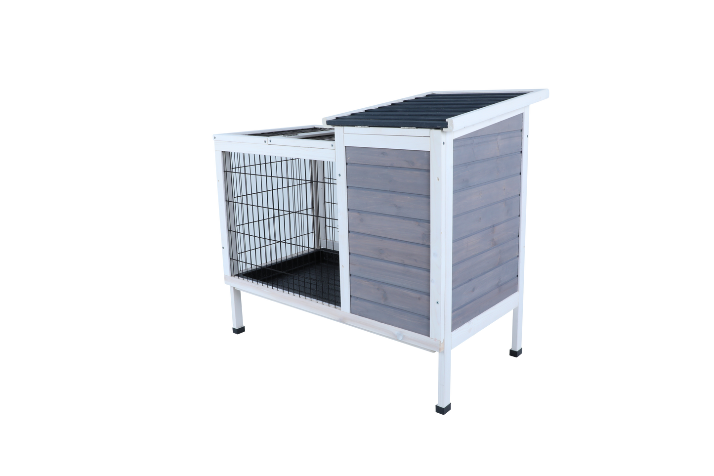 Two-Tier Wooden  Rabbit Cage Outdoor Indoor for Small Animals with Runway and Leak-Proof Plastic Tray,Grey