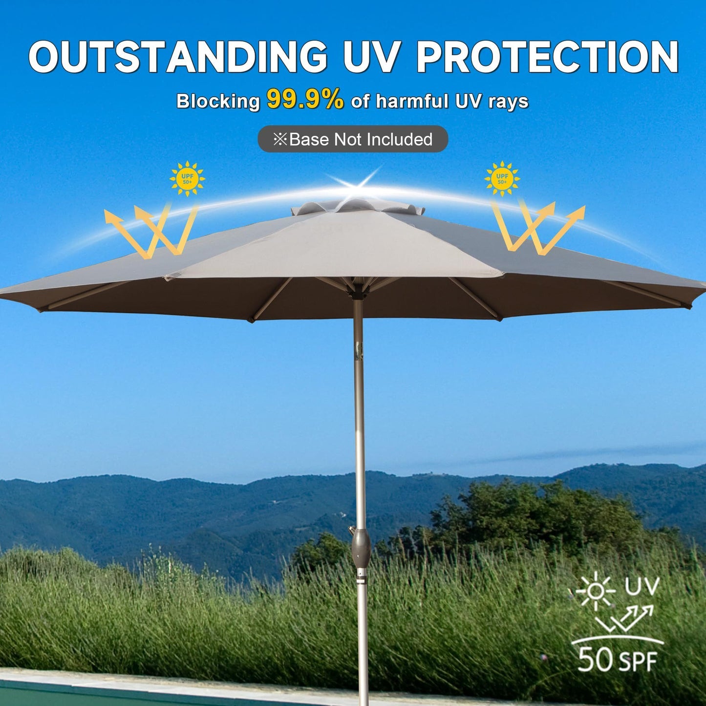 [SantaChoice] 9FT Patio Umbrella, Outdoor Table Umbrella with Push Button Tilt and Crank, UV Protection Waterproof Market Sun Umbrella with 8 Sturdy Ribs for Garden, Deck, Backyard, Pool (Gray)