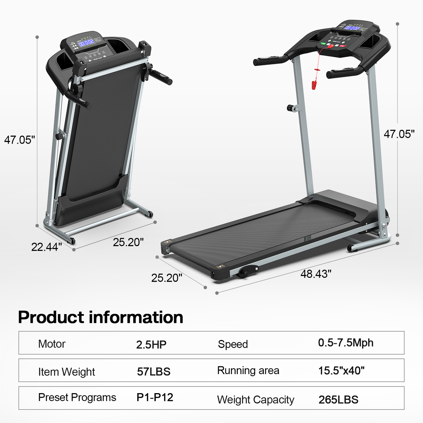 Foldable Treadmill 2.5HP Electric Folding Treadmill Running Walking Machine for Home Gym, Max 265 LBS Weight Capacity