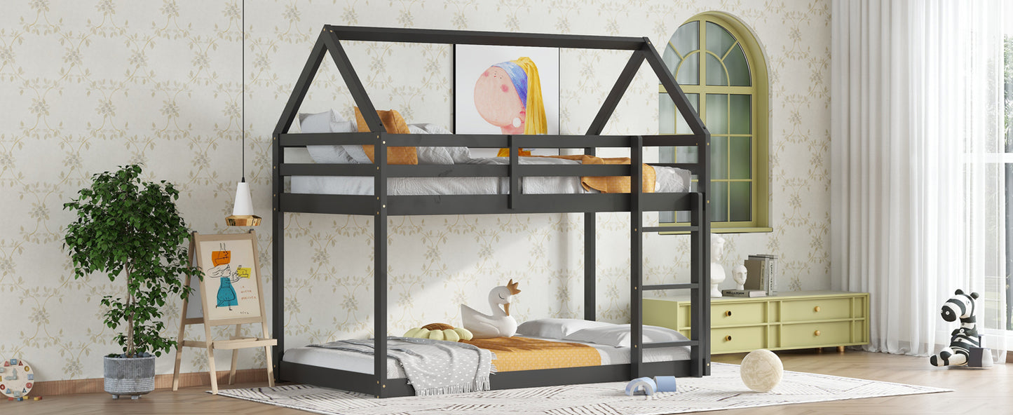 Twin over Twin Rubber Wood Floor Bunk Bed, with ladder,Guardrails,House-Shaped-Bunk Bed, Black