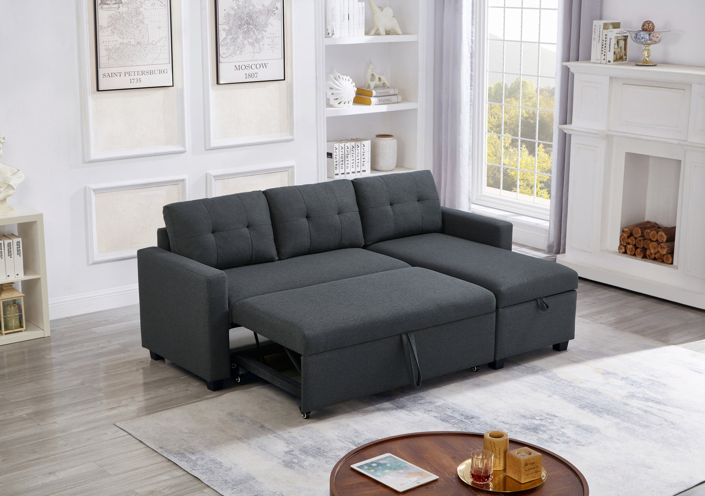 [SantaChoice] Upholstered Pull Out Sectional Sofa with Storage Chaise, Convertible Corner Couch, Dark Grey