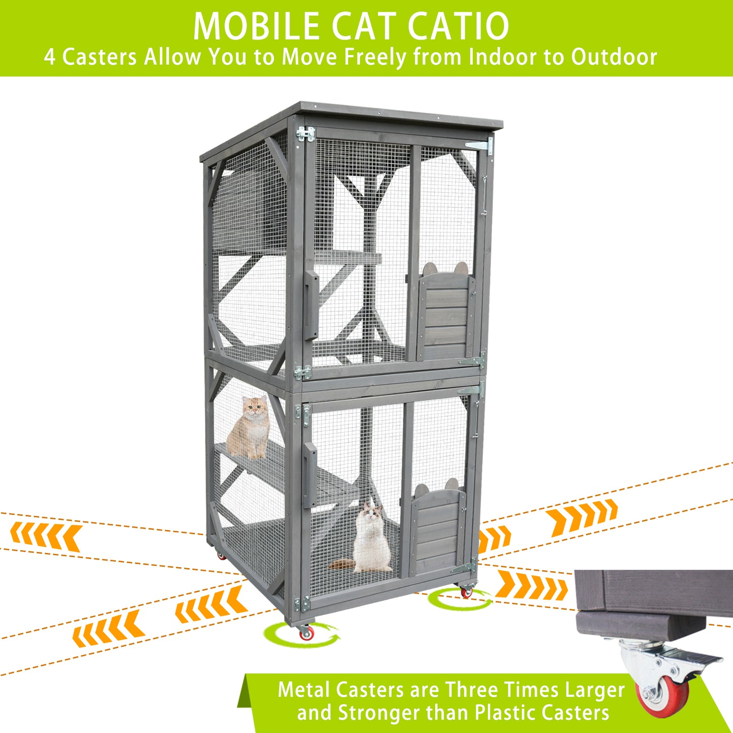 Catio Large Wooden Cat House Outdoor Indoor Cat Enclosures On Wheels, Wooden Kitty House Shelter Outside with Resting Box, Waterproof Roof (Grey, 31.5" D x 36.6" W x 71" H)