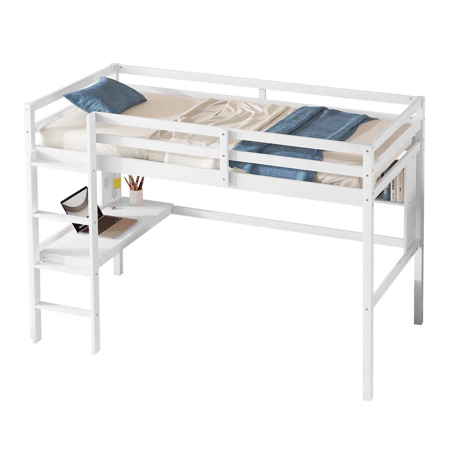 Twin Size Loft Bed with desk and shelves, Safety Guardrail and ladder,White