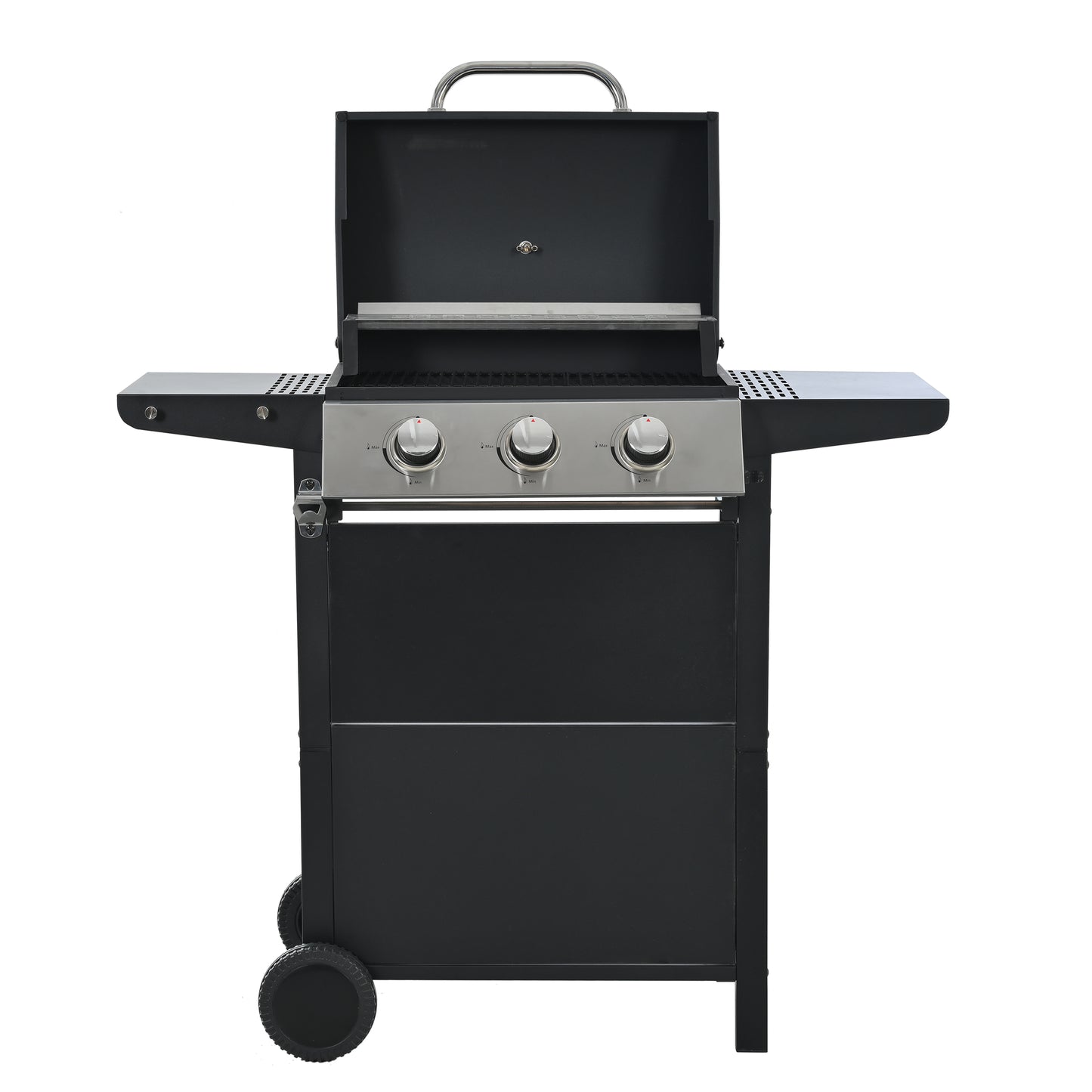 Propane Gas Grill 4 Burner Barbecue Grill, Stainless Steel 34,000 BTU Patio Garden Barbecue Grill with Two Shelves, Lid, Wheels and Bottle Opener