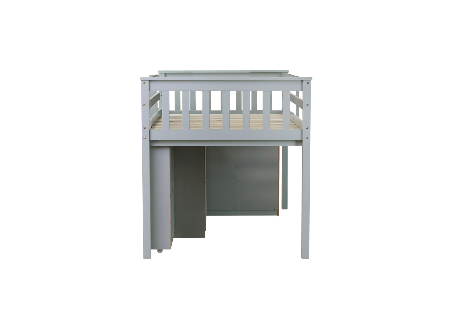 Twin Loft Bed with Storage Cabinet, Drawer and Shelf Cabinet and Pulling-Out Desk, Rubber Wood Loft Bed with Safety Guardrail, Ladder,Grey