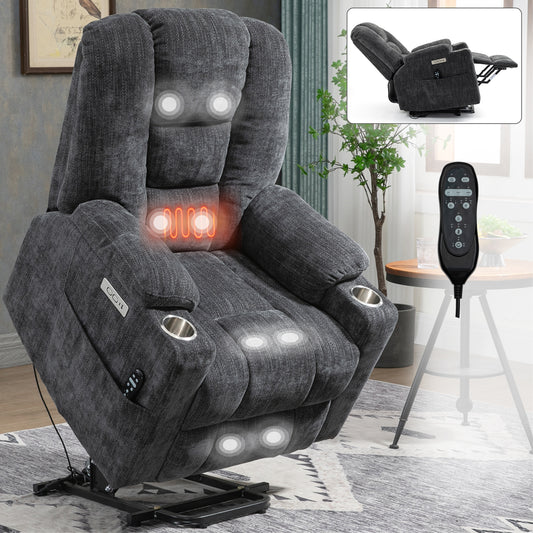 EMON'S Large Power Lift Recliner Chair with Massage and Heat for Elderly, Overstuffed Wide Recliners, Heavy Duty Motion Mechanism with USB and Type C Ports, 2 Steel Cup Holders, Gray