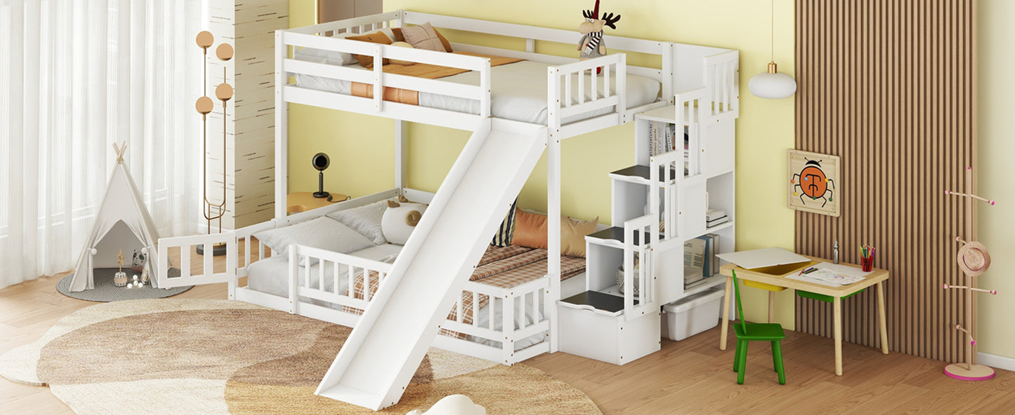 Twin Over Full Bunk Bed with Slide, Storage Staircase, Pine Solid Wooden Bunk Bed with Safety Guardrails,White