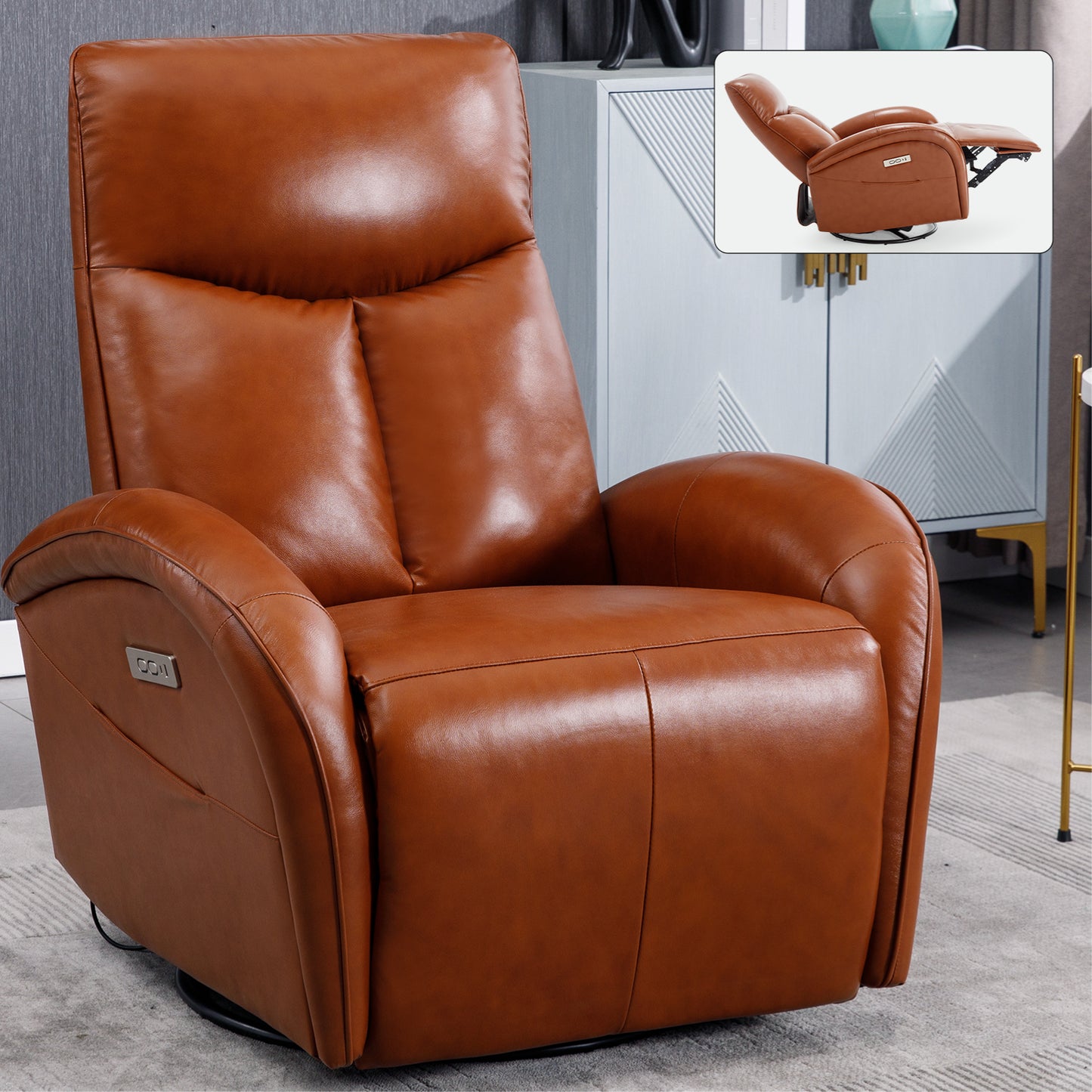 Yellow Brown Genuine Leather Swivel and Rocker Power Recliner Chair with Lumbar Support, Max Swivel Degree 270°, Heavy Duty Motion Mechanism with USB and Type-C