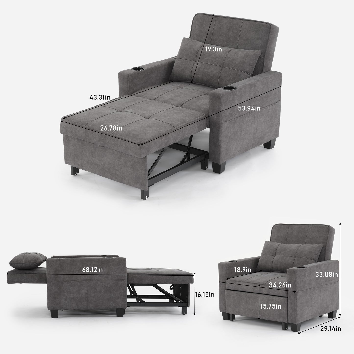 Futon Chair Bed Convertible Chair 3-in-1 Pull Out Sleeper Chair Beds with USB Ports,Wear-resistant and Anti-scratch,  Armchair Bed Sleeper for Living Room (Dark Grey Scratch Cloth)