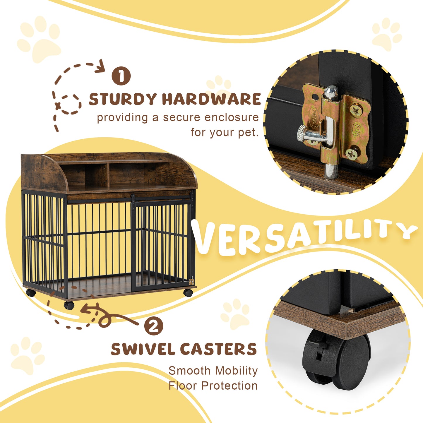 GO 38'' Heavy Duty Dog Crate Furniture for Medium Dog with Lockable Wheels, Wooden Dog Crate Dog Kennel, End Table Crate with Double layer storage, Brown