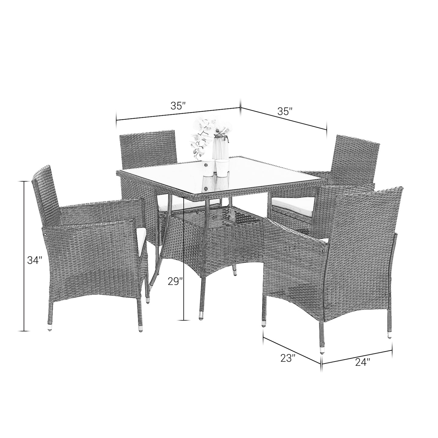 5-Pieces PE Rattan Wicker Patio Dining Set with Grey Cushions