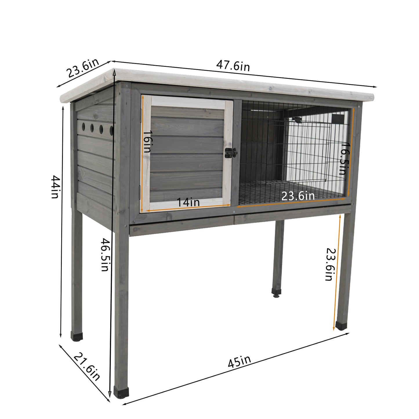 48"Wood Rabbit Hutch, Indoor Outdoor Bunny Cage with Roof and Removable Tray, Chicken Coop with Lockable Door, Guinea Pig Cage, Small Animal Houses & Habitats (Grey