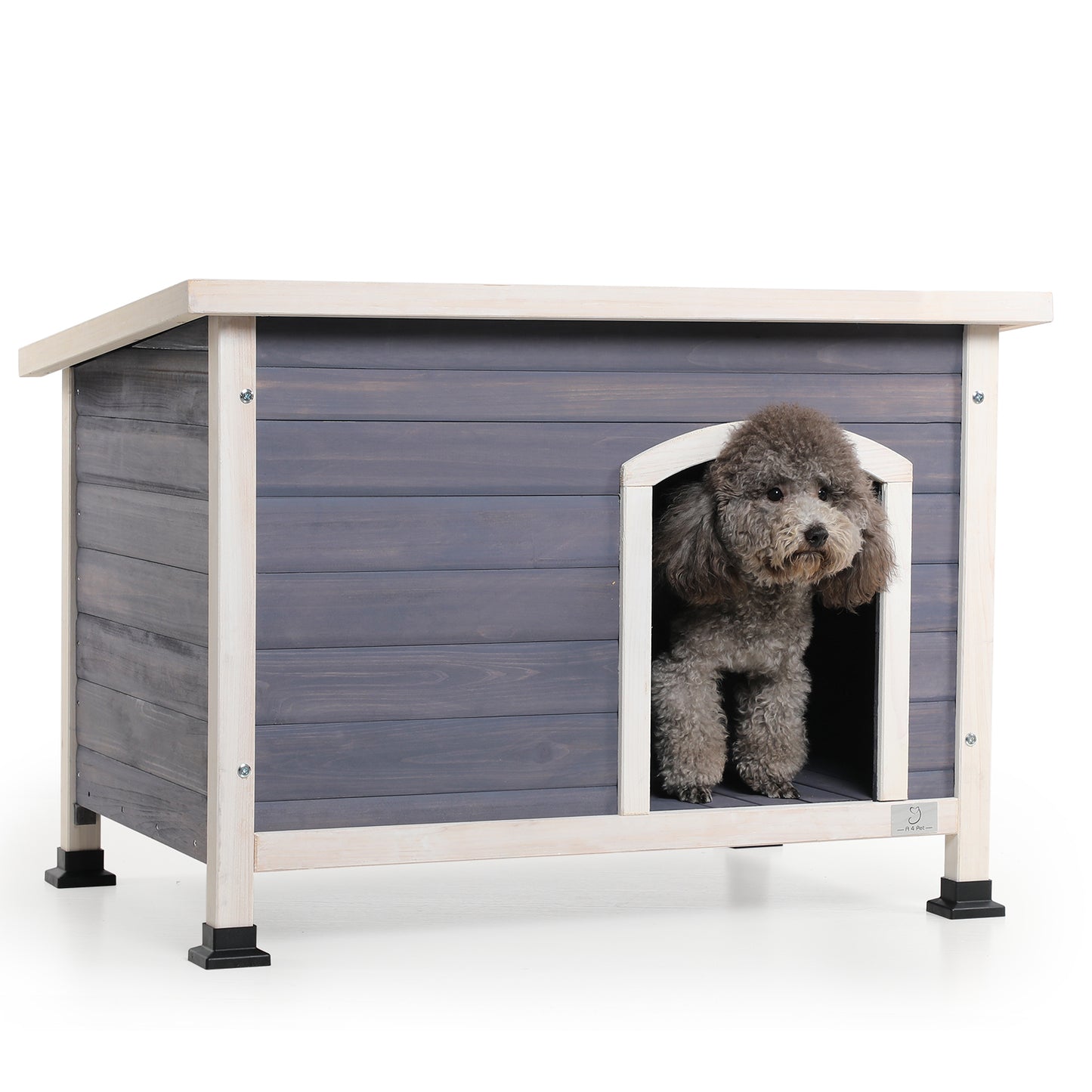 Small Wooden Outdoor Dog House, Waterproof Roof, Elevated Floor, Grey