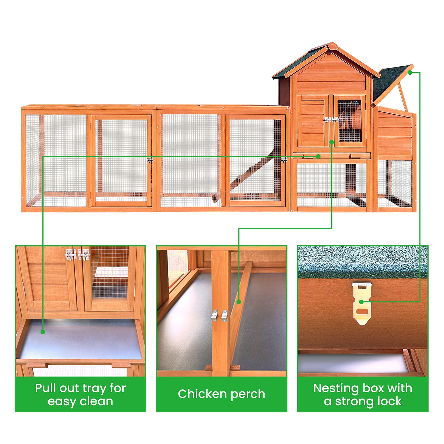 121＂Large outdoor Wooden Chicken Coop, Hen House with Nest Box ,Wire Fence Poultry Cage